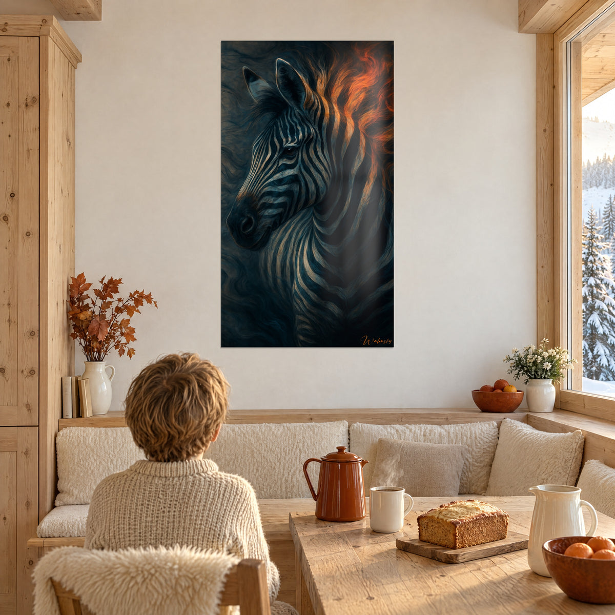 Tableau tête de zèbre fluide aux ondulations bleu-gris et lueurs orange, mur blanc de chalet, un enfant de dos devant une table de petit-déjeuner