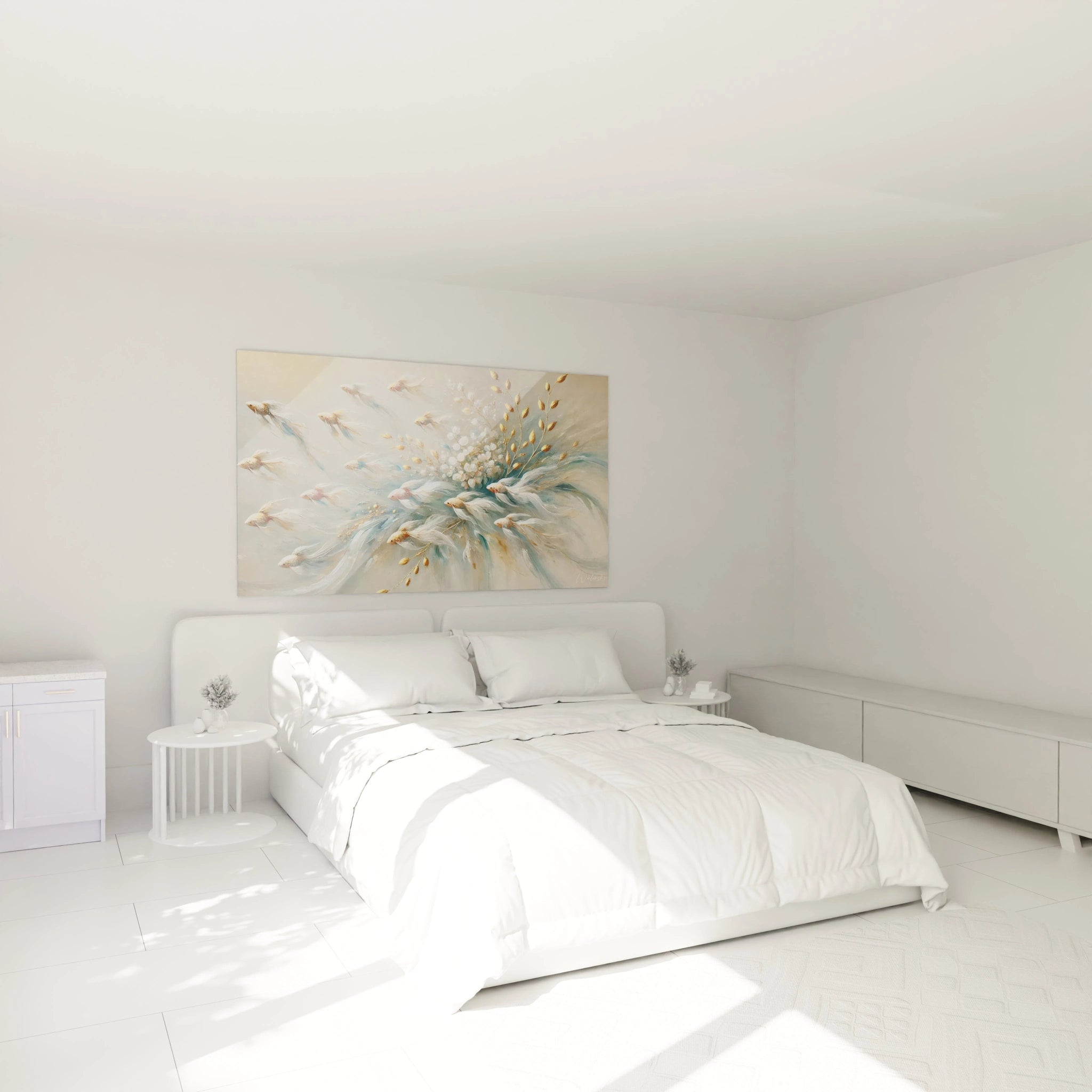 ce tableau poisson illumine une chambre avec ses couleurs apaisantes et son design harmonieux. Les poissons semblent nager au-dessus de votre lit dans une scene poetique et florale.

