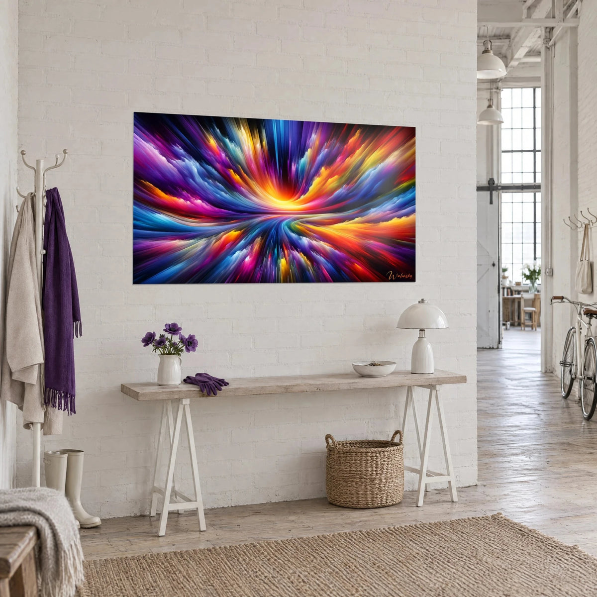 Schilderij abstracte dageraad met magenta en oranje strepen die uit een lichtend centrum stralen, opgehangen aan een witte bakstenen muur