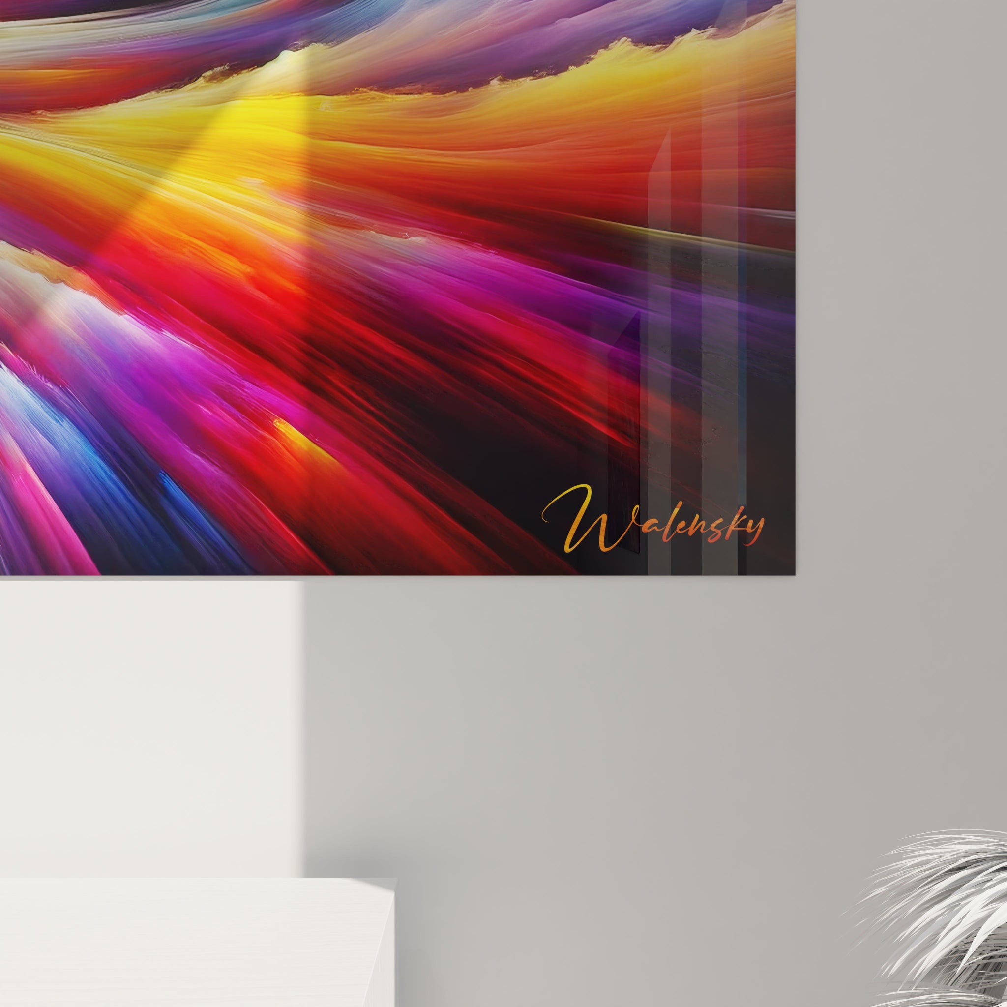 Tableau abstrait présentant un corridor lumineux aux couleurs vibrantes. Mélange intense de bleu azur, violet, rouge carmin, orange et vert émeraude sur fond noir. Texture fluide avec bandes colorées étirées créant un effet de vitesse. Motif en vortex avec zone centrale claire et rayons multicolores divergents formant une structure symétrique et dynamique.
