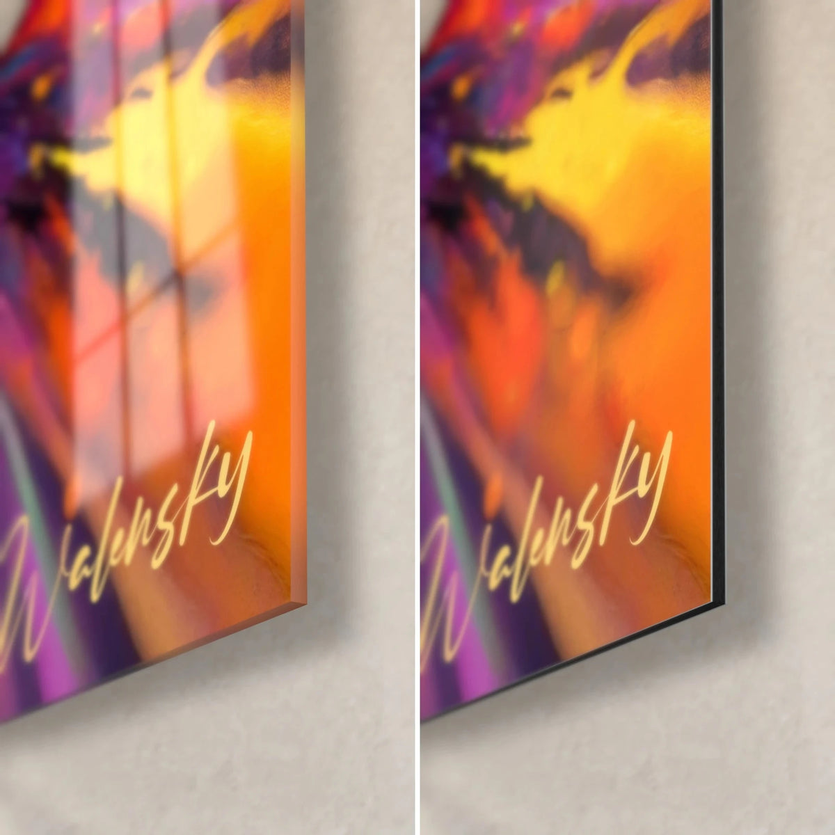 Wall art abstract with orange and purple streaks, bottom right corner in glossy acrylic glass on the left and matte Dibond on the right, 3 mm edge