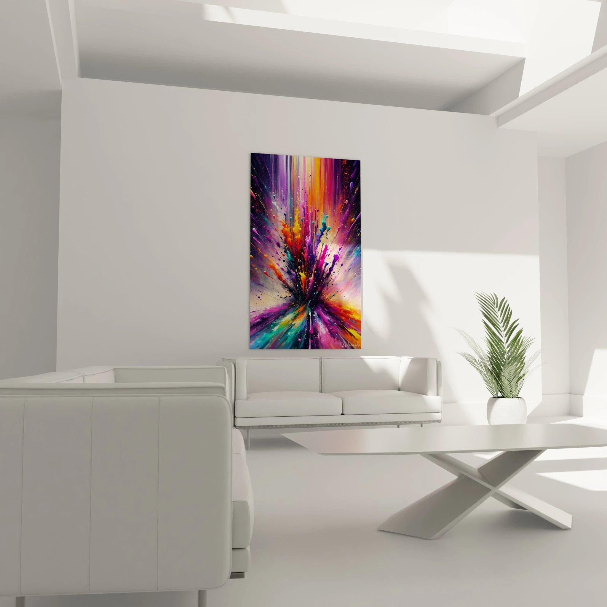 Un tableau abstrait de big bang chromatique. Les couleurs principales sont violet profond, rose électrique, orange mandarine et bleu-vert. La texture montre des jets de couleur qui s'élancent d'un point central sombre, formant des éclaboussures, des stries et des gouttelettes qui se dispersent dans toutes les directions avec une énergie explosive.
