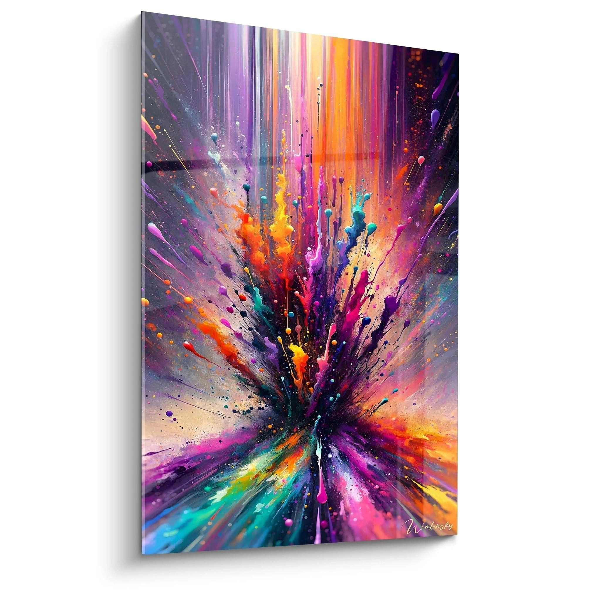 Un tableau abstrait d'explosion colorée en étoile. Dominé par des teintes violet, rose fuchsia, orange vif et turquoise. La texture présente des éclaboussures dynamiques qui jaillissent d'un point central vers l'extérieur, avec des traînées, des gouttes et des projections de peinture créant un effet d'éruption chromatique sur fond sombre.
