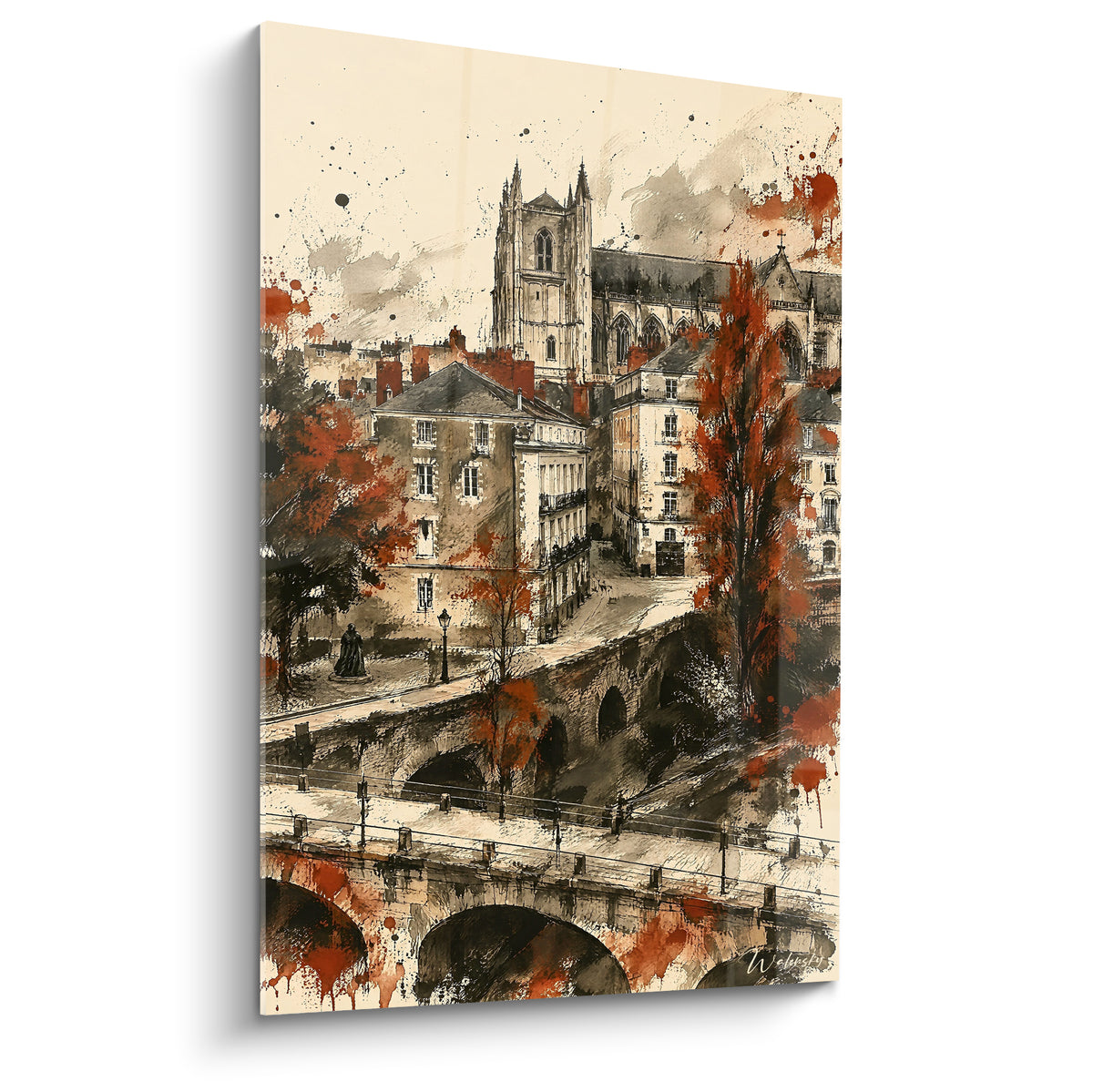 Cathédrale et pont ancien beige et terracotta, dessin à l'encre éclaboussé de rouille