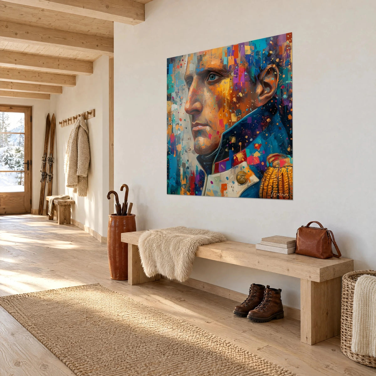 Schilderij keizer met staalblauwe blik, koningsblauw jasje en paarse spetters, driekwartaanzicht in de hal van een chalet