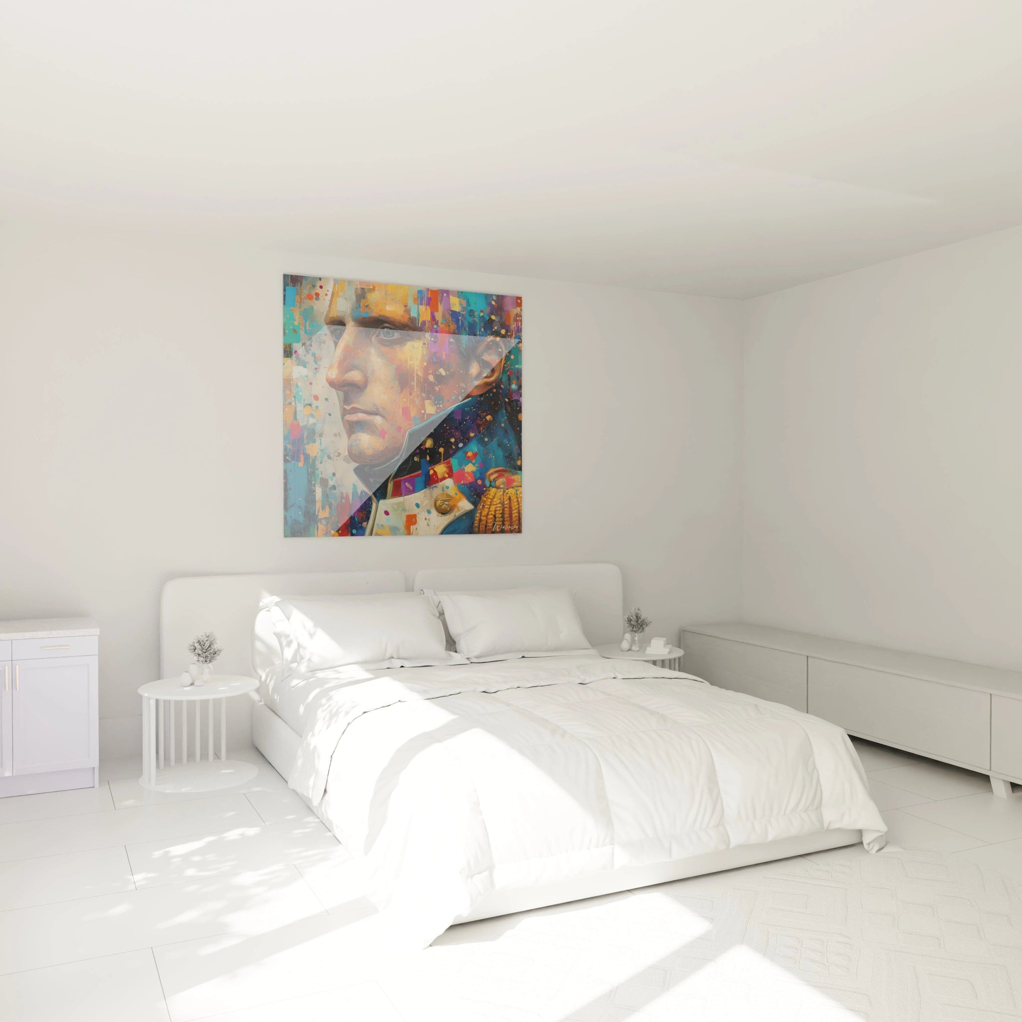 Chambre blanche minimaliste avec grand tableau Napoléon décoratif coloré de Walensky accroché au dessus du lit