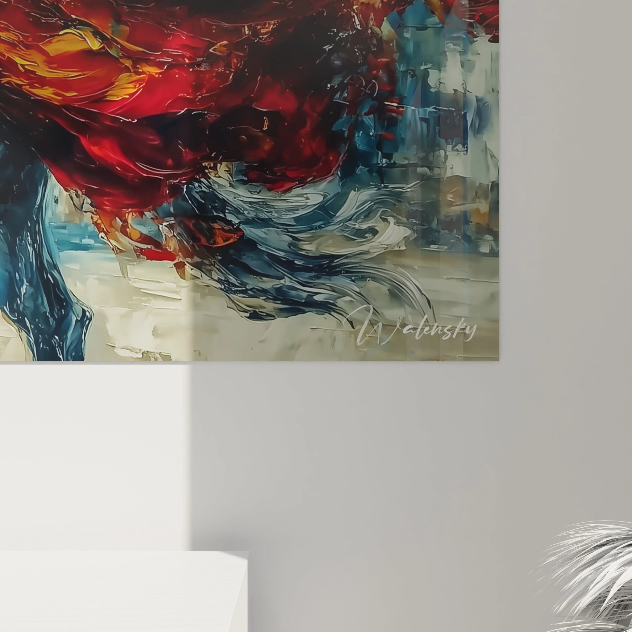 tableau Napoléon moderne Walensky peinture murale abstraite rouge et bleu signée accrochée