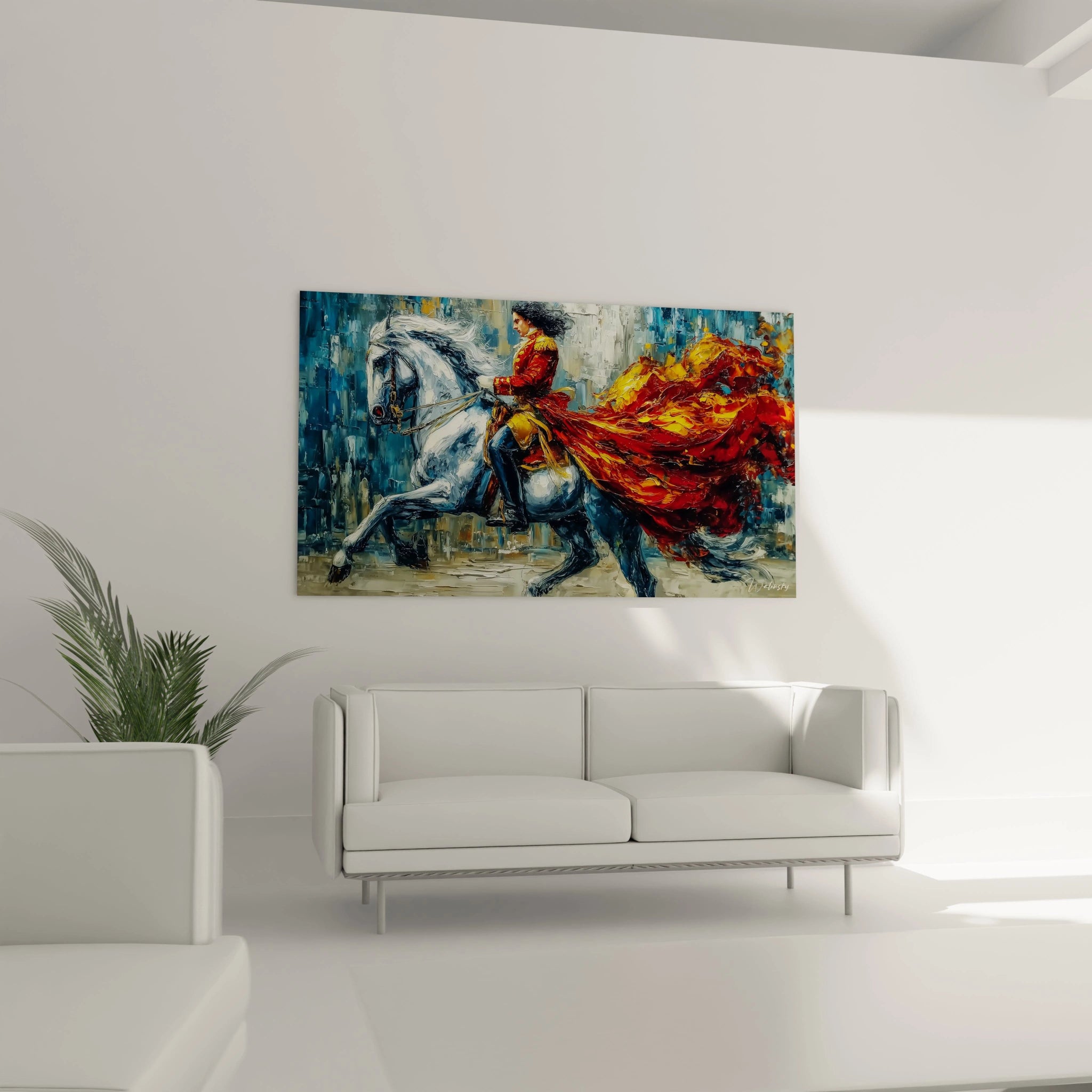 tableau Napoléon moderne Walensky montrant une peinture à l'huile d'un Napoléon à cheval au manteau rouge