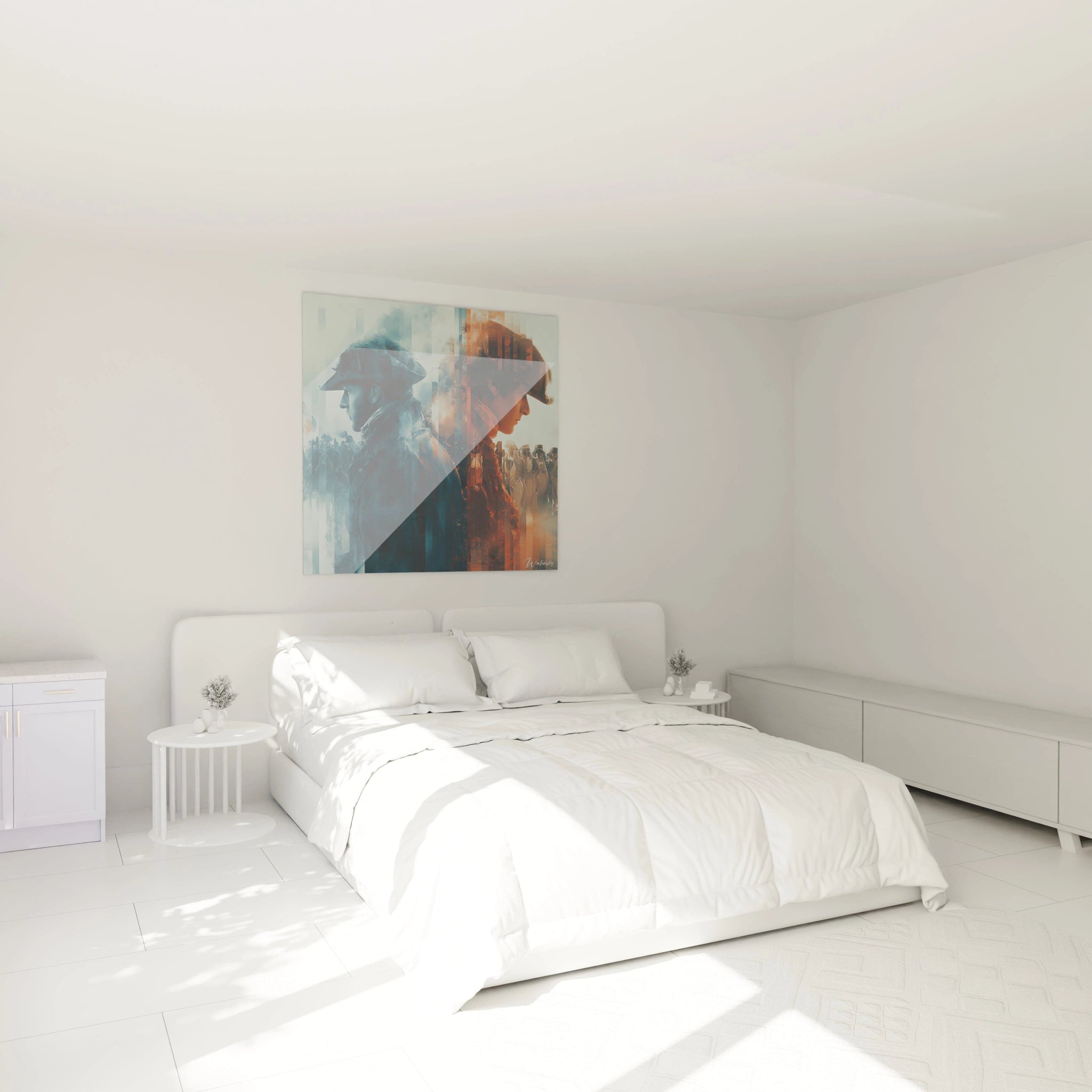 Tableau mural Walensky tableau Napoléon révolution française sur toile abstraite accroché au dessus d un lit blanc minimaliste