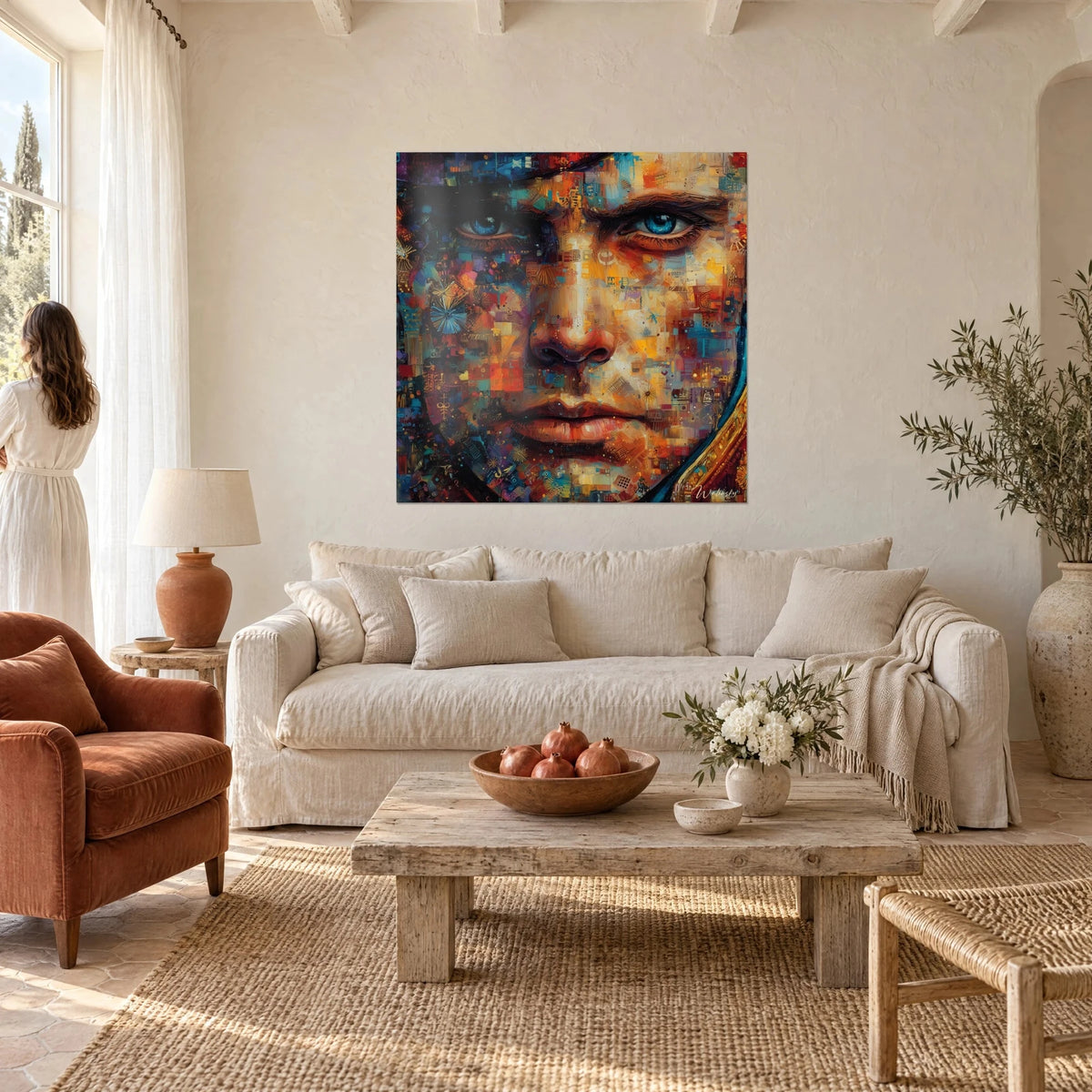 Tableau visage de Napoléon aux yeux bleus perçants, mosaïque orange et turquoise, vu de dos au-dessus d'un canapé dans un salon lumineux