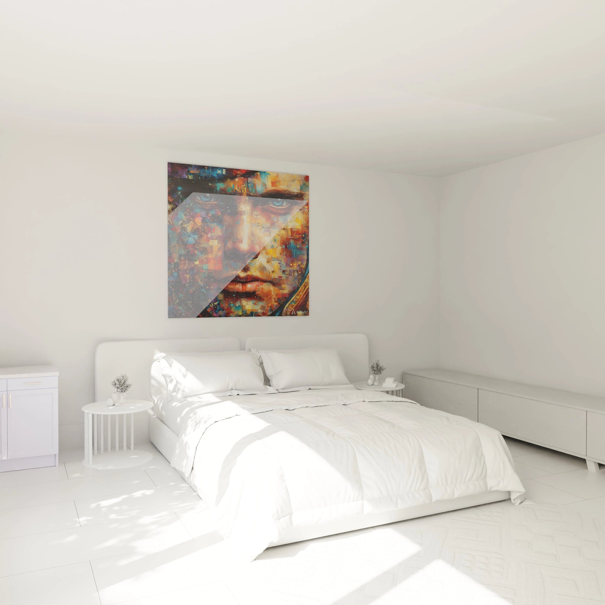 tableau napoléon conquérant coloré au dessus d un lit double blanc minimaliste dans une chambre moderne Walensky