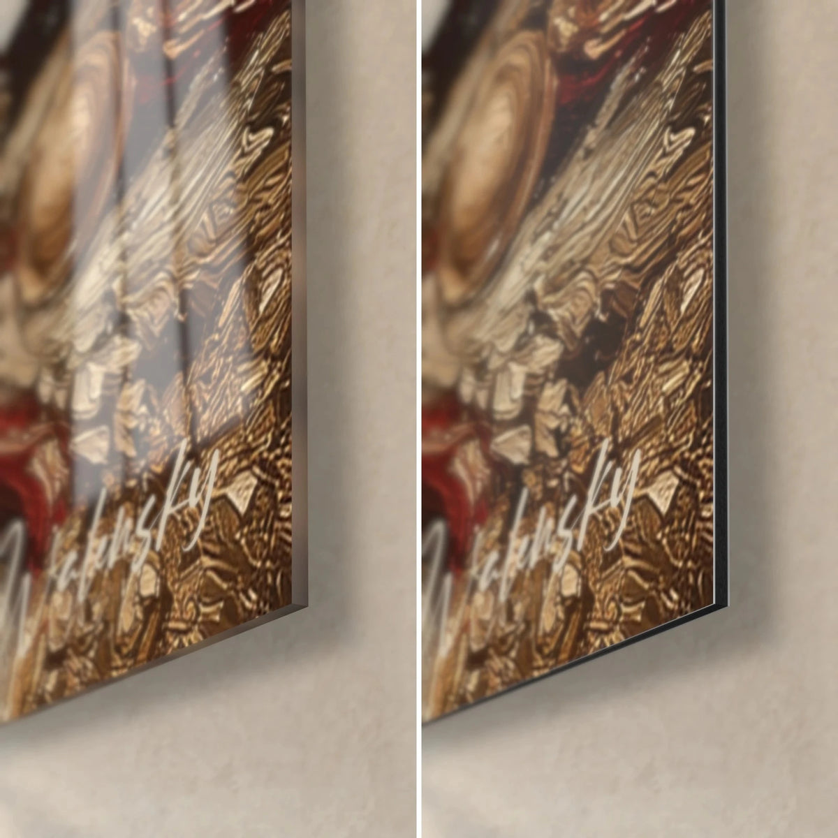 Wall art Napoleon, lower right corner in glossy acrylic glass and matte Dibond aluminium, gold embroidery on red, 3 mm edge
