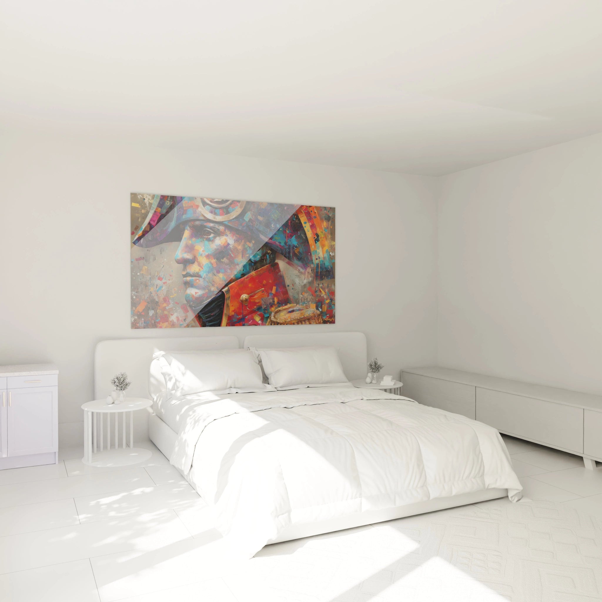 tableau mural Napoléon art moderne Walensky dans chambre blanche minimaliste au dessus du lit portrait coloré
