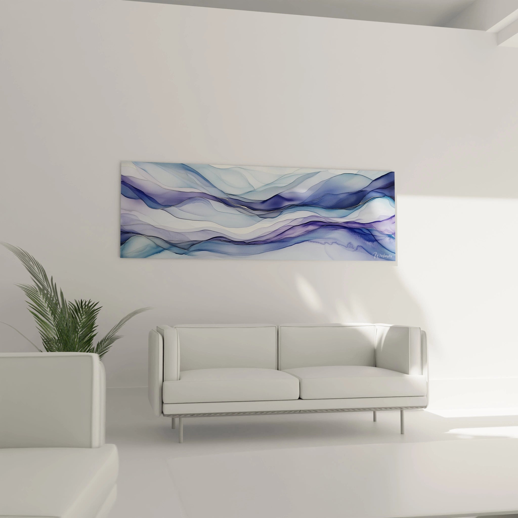 Tableau moderne abstrait Walensky avec vagues bleues et violettes, parfait pour le décor contemporain