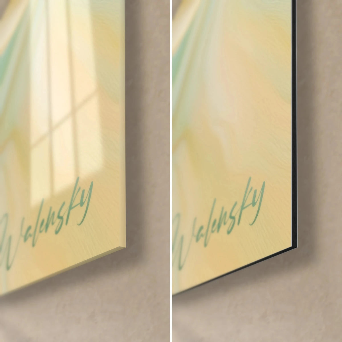 Wall art daffodil with ivory and saffron yellow swirls, bottom right corner: glossy acrylic glass on the left, matte black Dibond on the right
