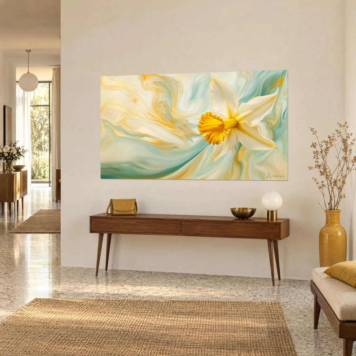 Wall art daffodil bloom with ivory petals and golden trumpet, sea-green swirls, three-quarter view on a beige wall