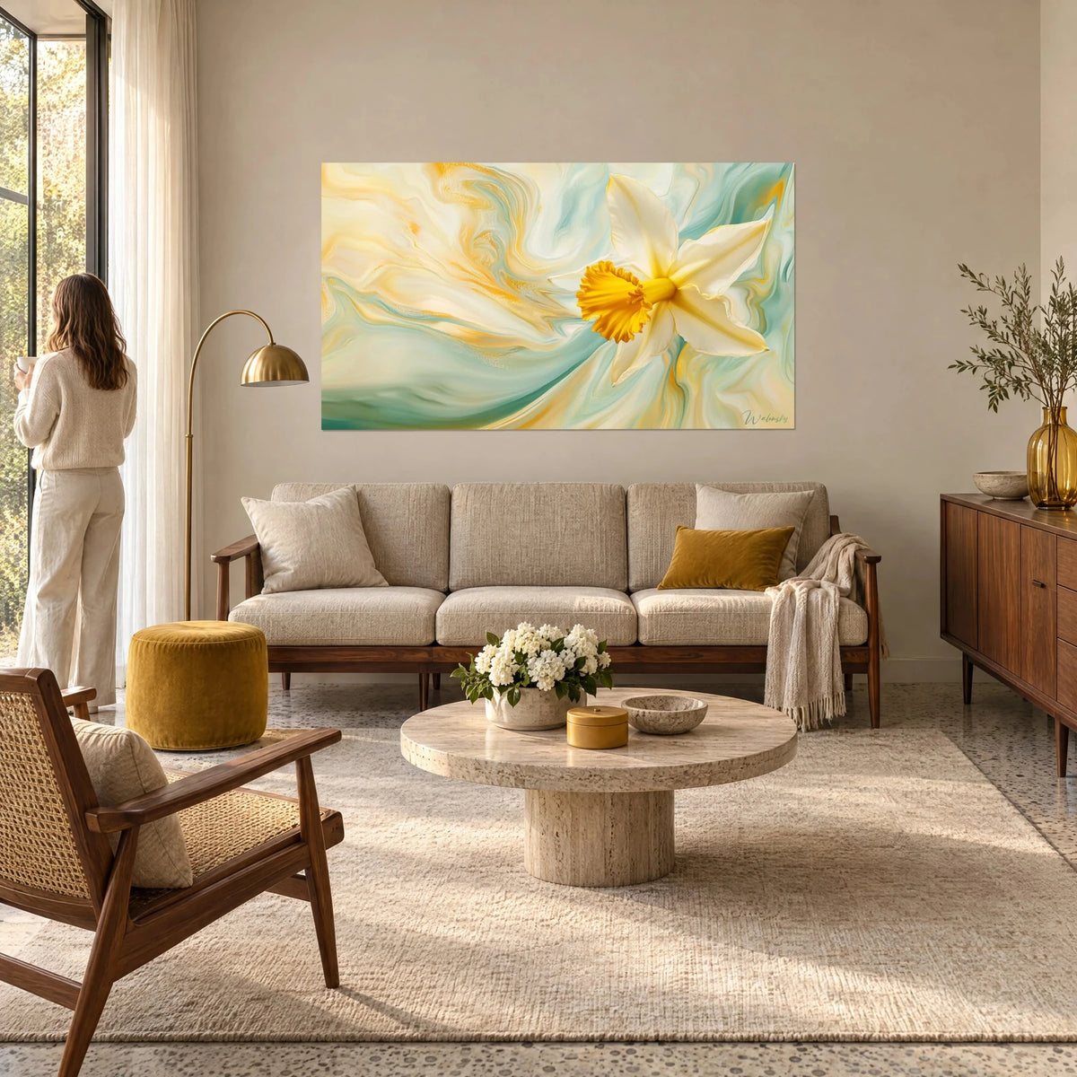 Wall art cream daffodil with golden yellow heart on flowing turquoise and ivory background, woman seen from behind, above a sofa in a bright living room