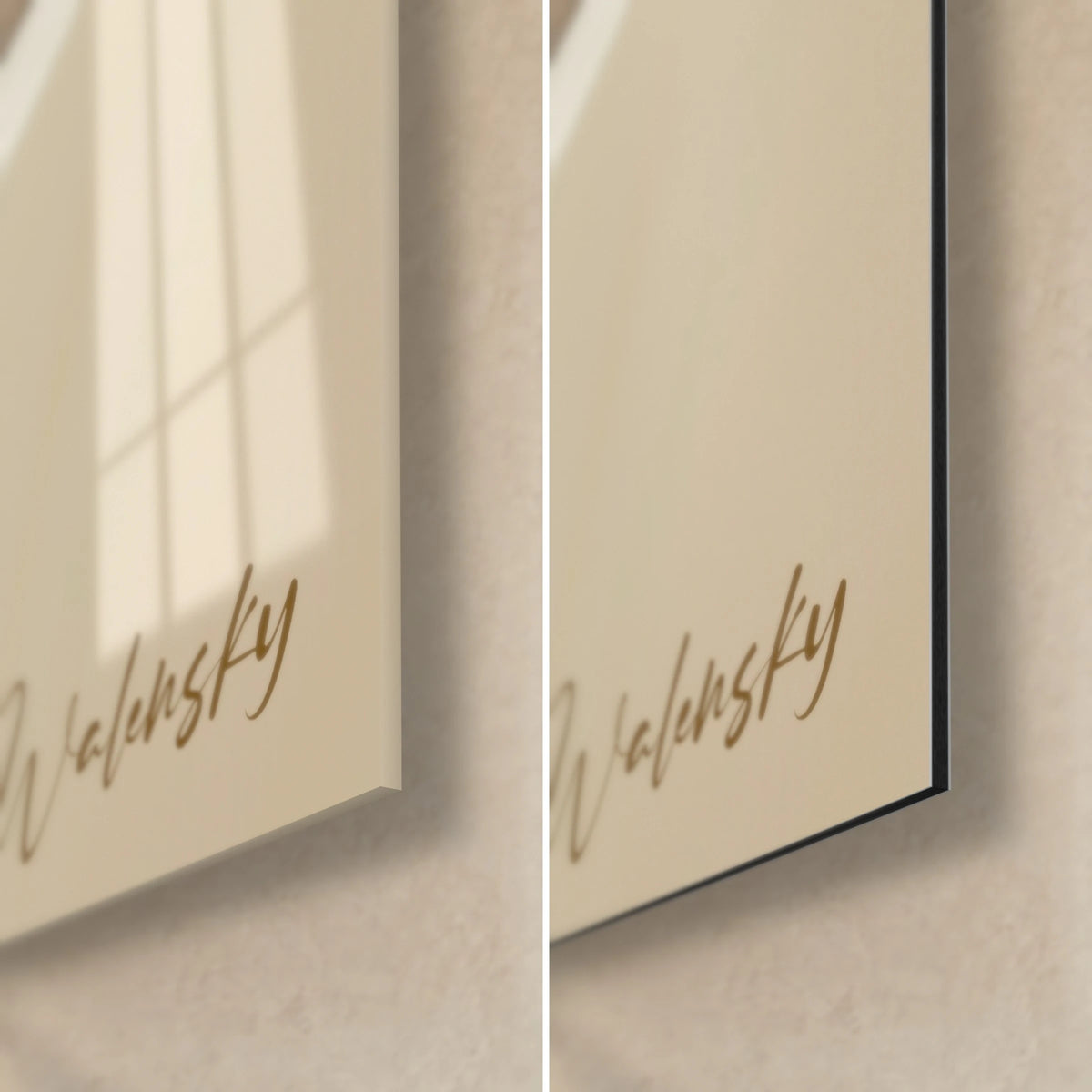 Tableau corolle blanche et or, coin bas droit : verre acrylique brillant et alu Dibond mat noir, signature Walensky dorée