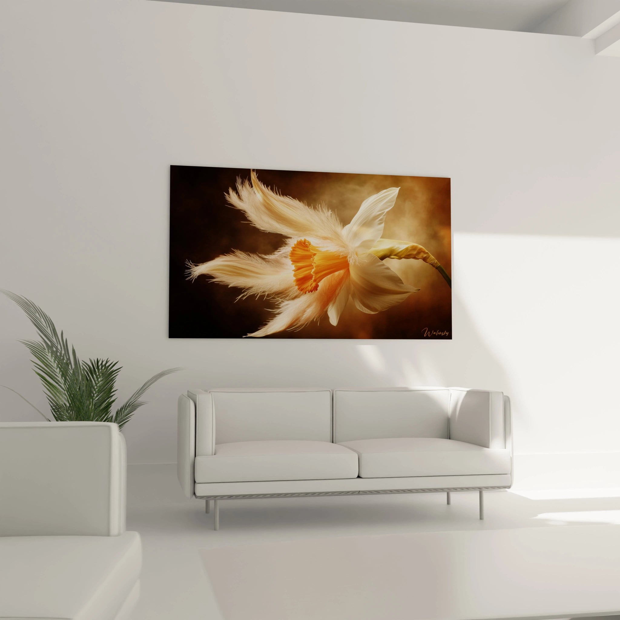Un tableau Narcisse nature présentant une fleur de narcisse stylisée avec des pétales allongés, blanc crème et beige. Le centre orange contraste avec un fond dégradé aux nuances brunes et dorées.


