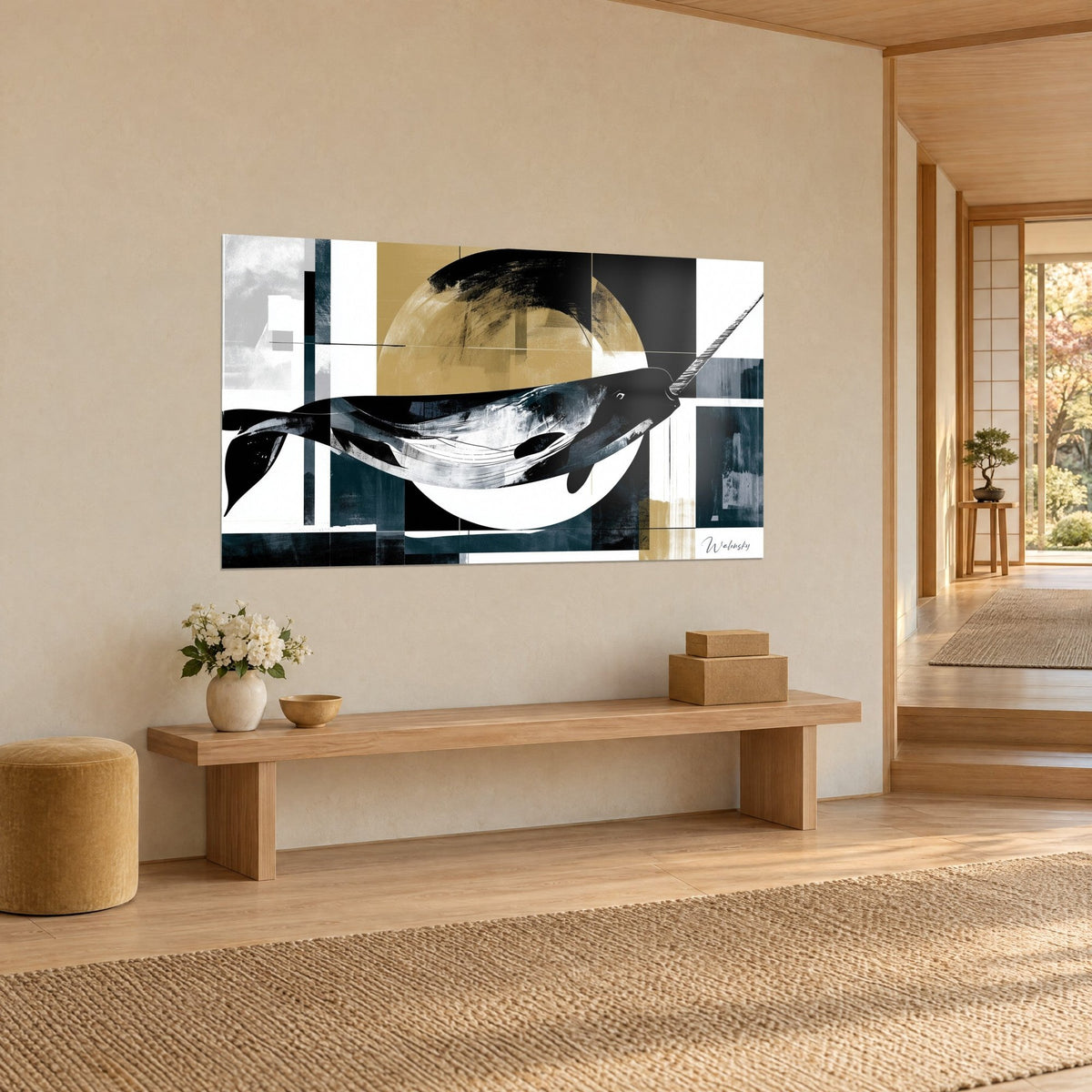 Wall art dark Arctic whale with long tusk, petrol blue geometric blocks and matt gold, three-quarter view in a japandi hallway