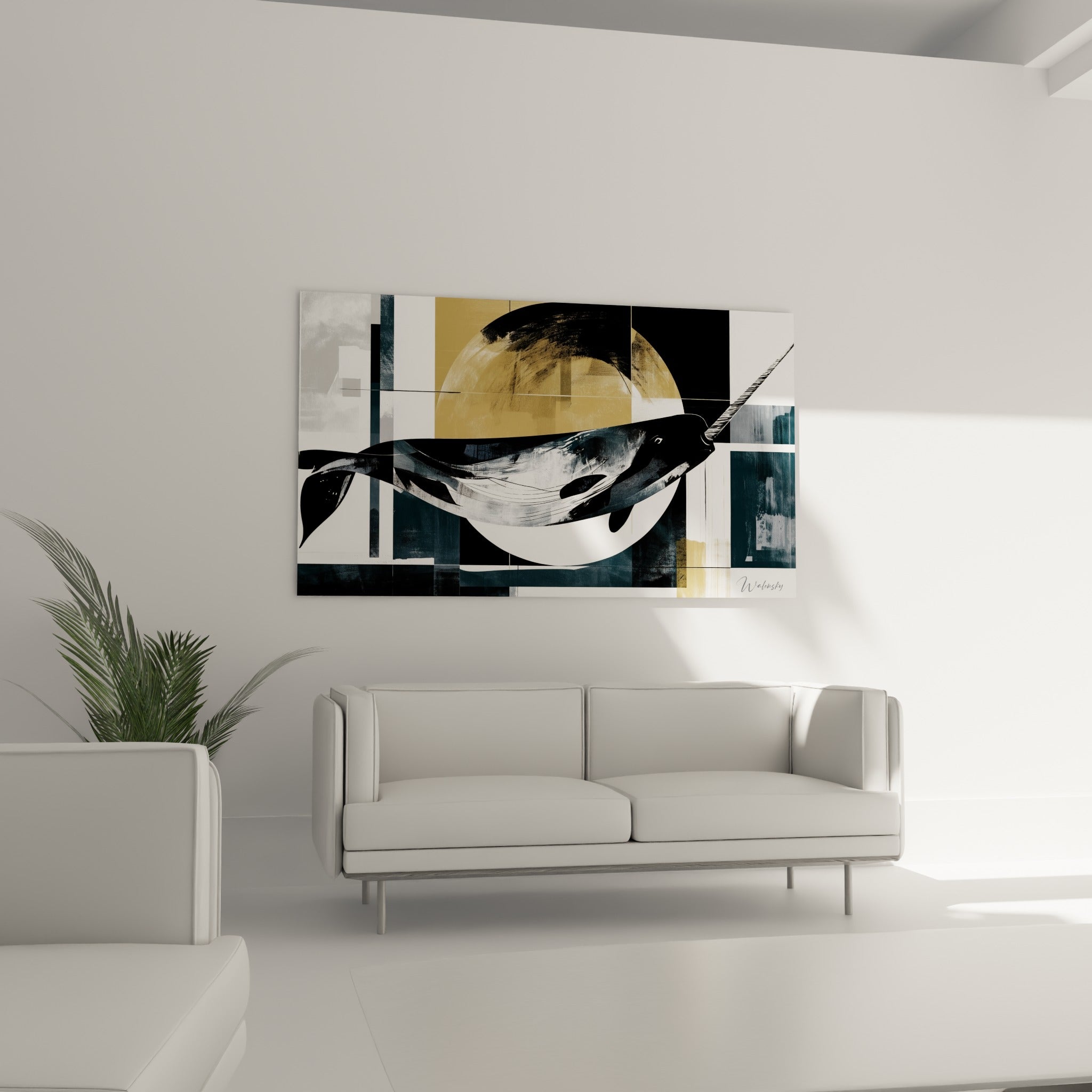 Narval anthracite et ocre en composition géométrique, au-dessus d'un canapé dans un salon lumineux