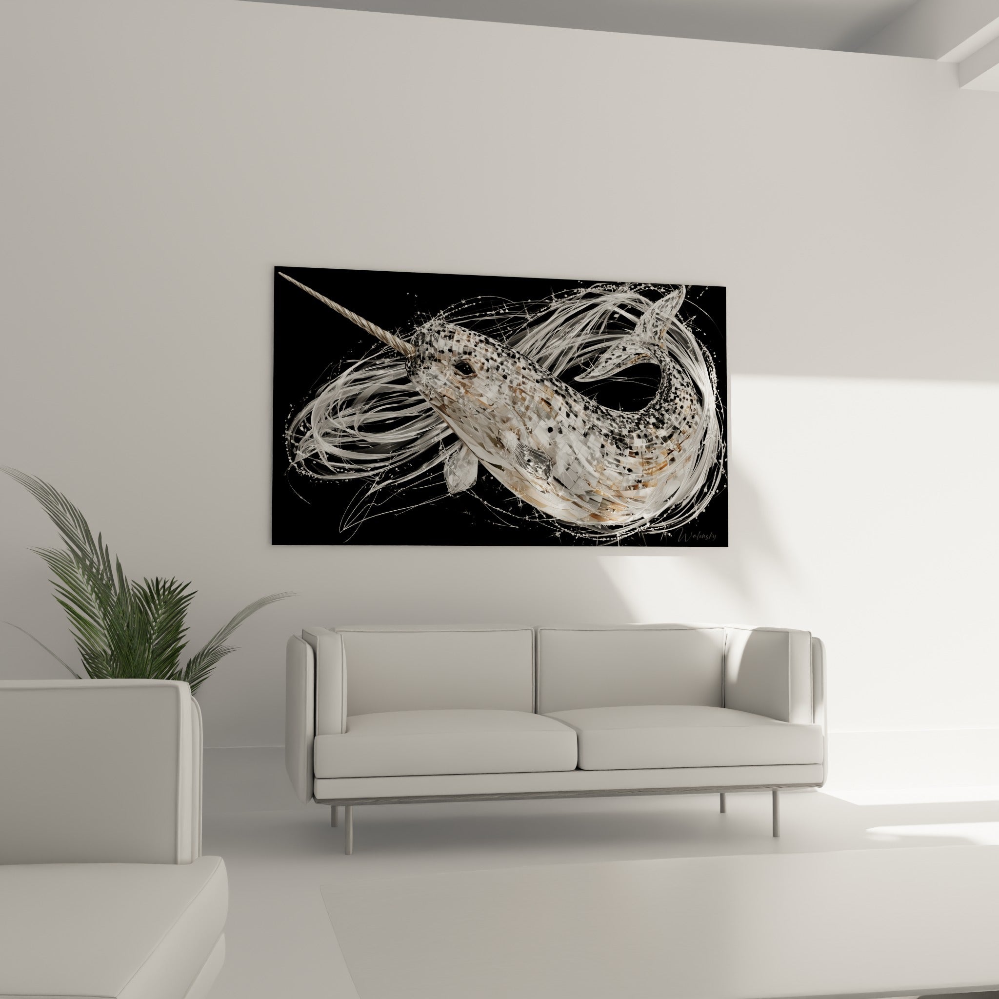Narval scintillant aux tons anthracite et bronze, disposé au-dessus d'un canapé dans un salon lumineux