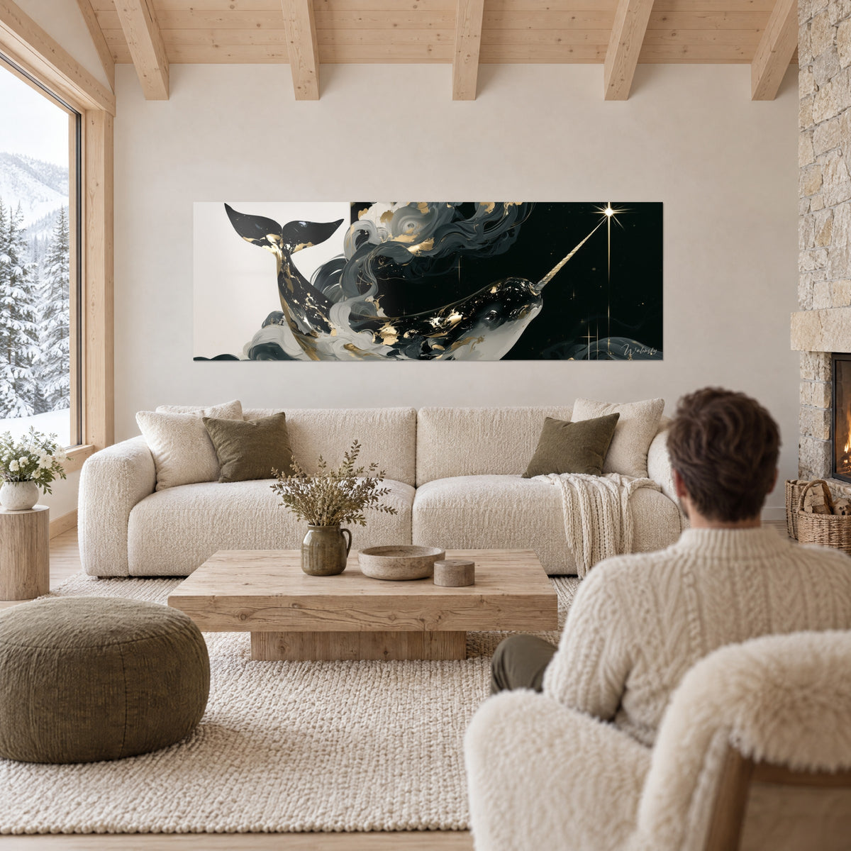 Wall art black and gold narwhal exhaling grey smoke curls, tusk pointing toward the star, couple seen from behind, above a sofa in a bright living room