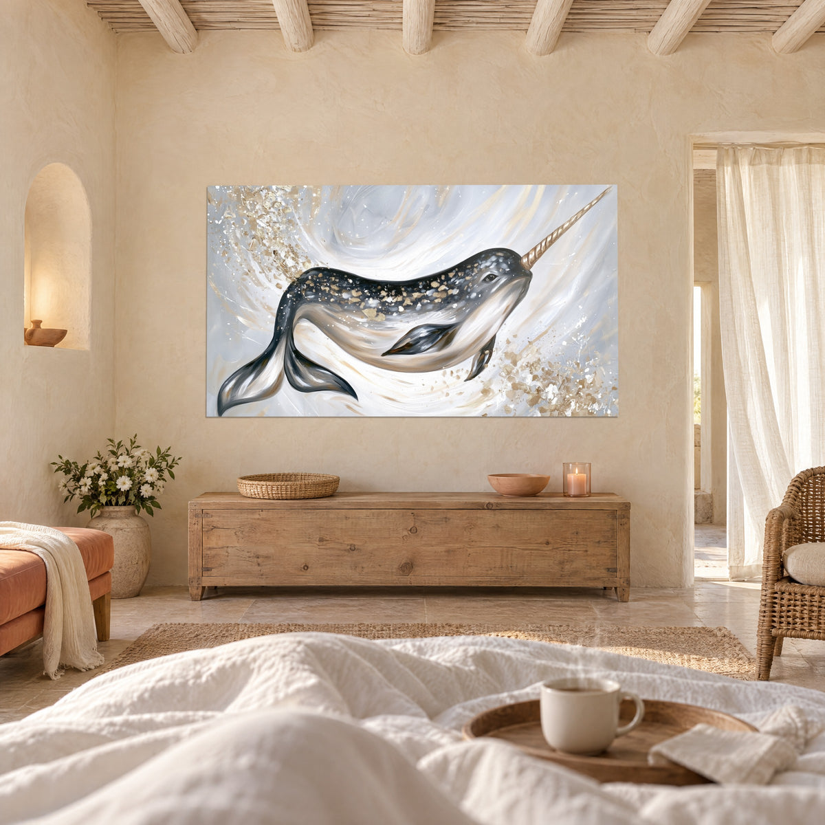 Gemälde Meereseinhorn in Schiefergrau und Cremeweiß, silberne Spiralen und goldene Akzente, über einem Bett in einem hellen Schlafzimmer