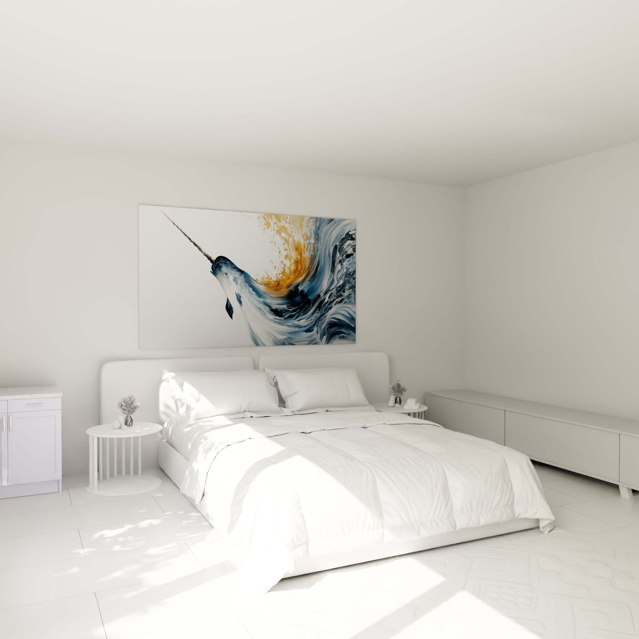 Narval anthracite et doré capturé dans un mouvement d'écume, au-dessus d'un lit dans une chambre claire