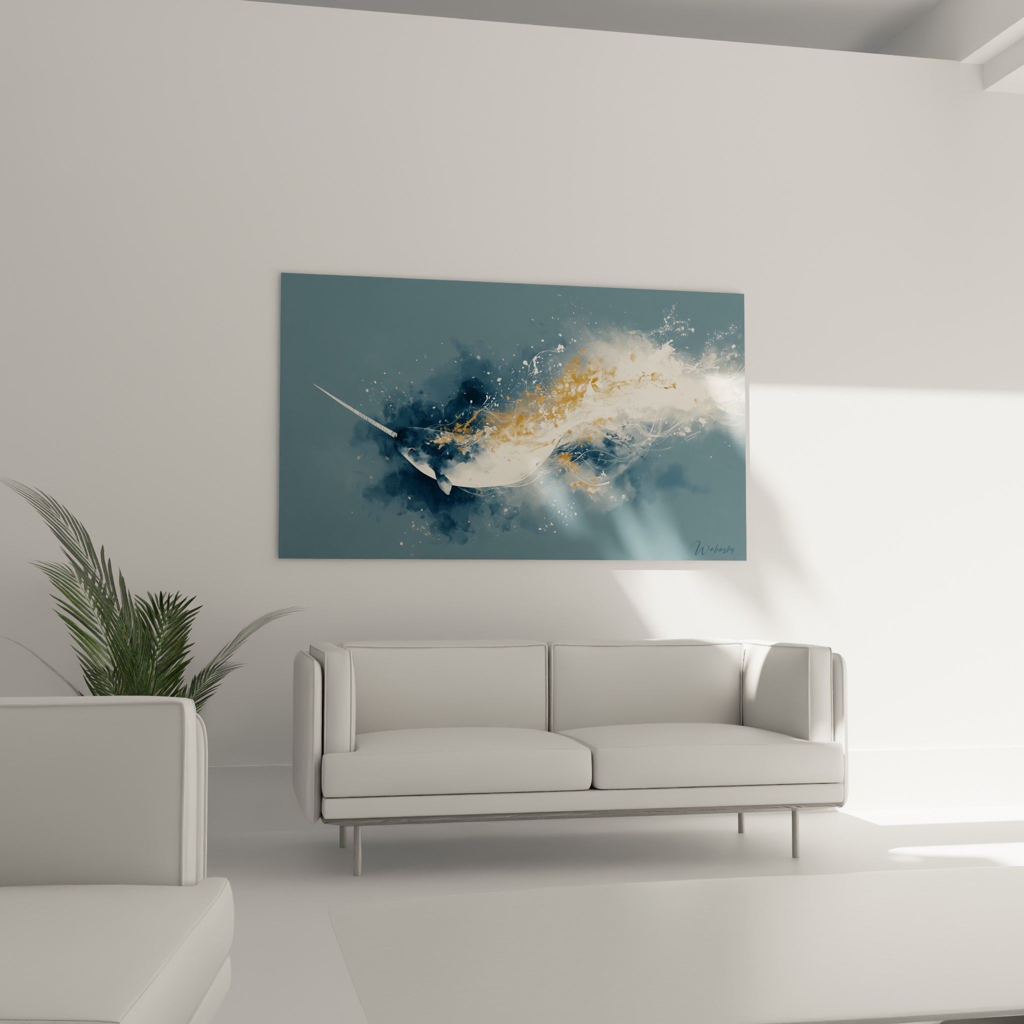 Créature marine bleu nuit et doré peinte en volutes, au-dessus d'un canapé dans un salon lumineux