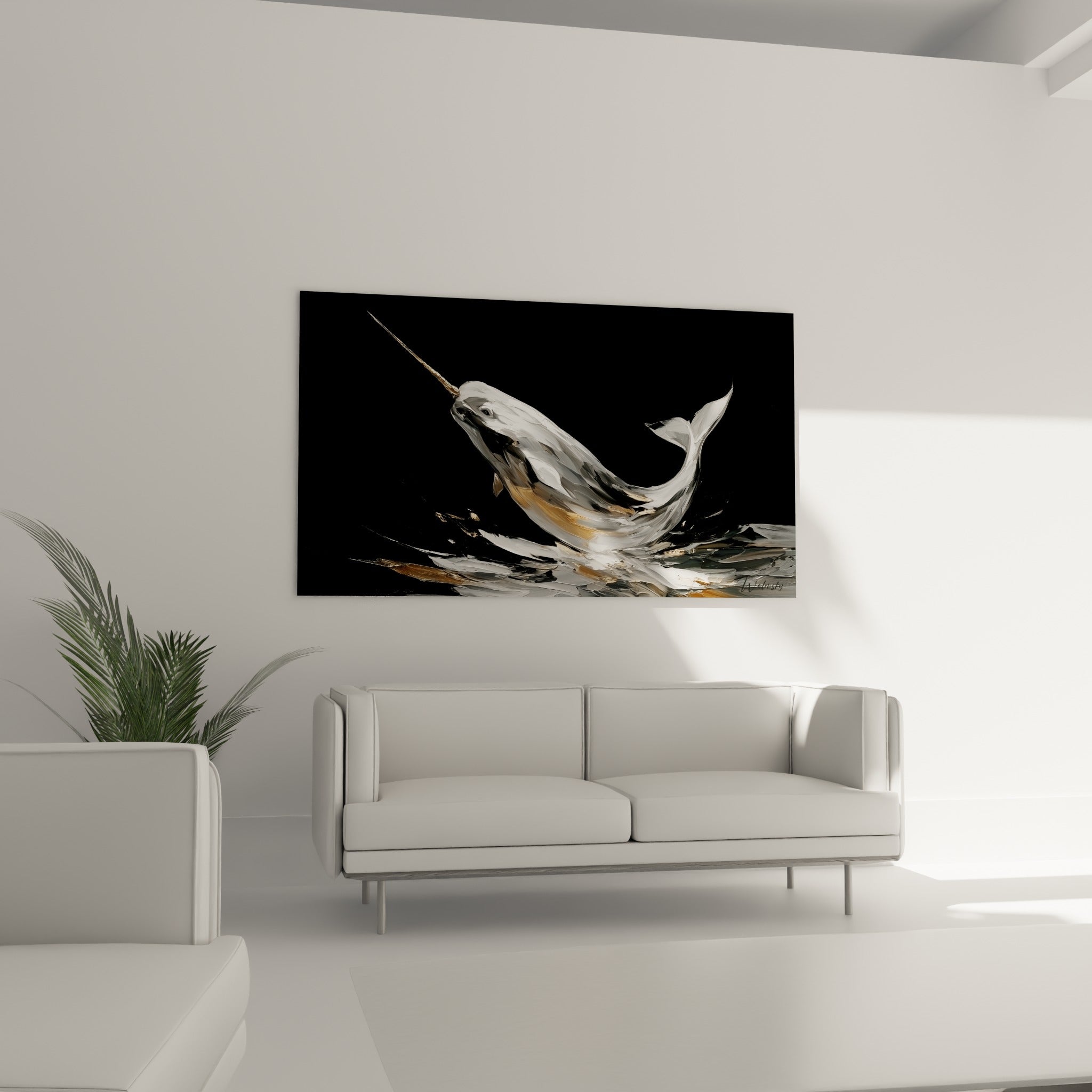 Narval anthracite et blanc capturé en mouvement au-dessus d'un canapé dans un salon lumineux