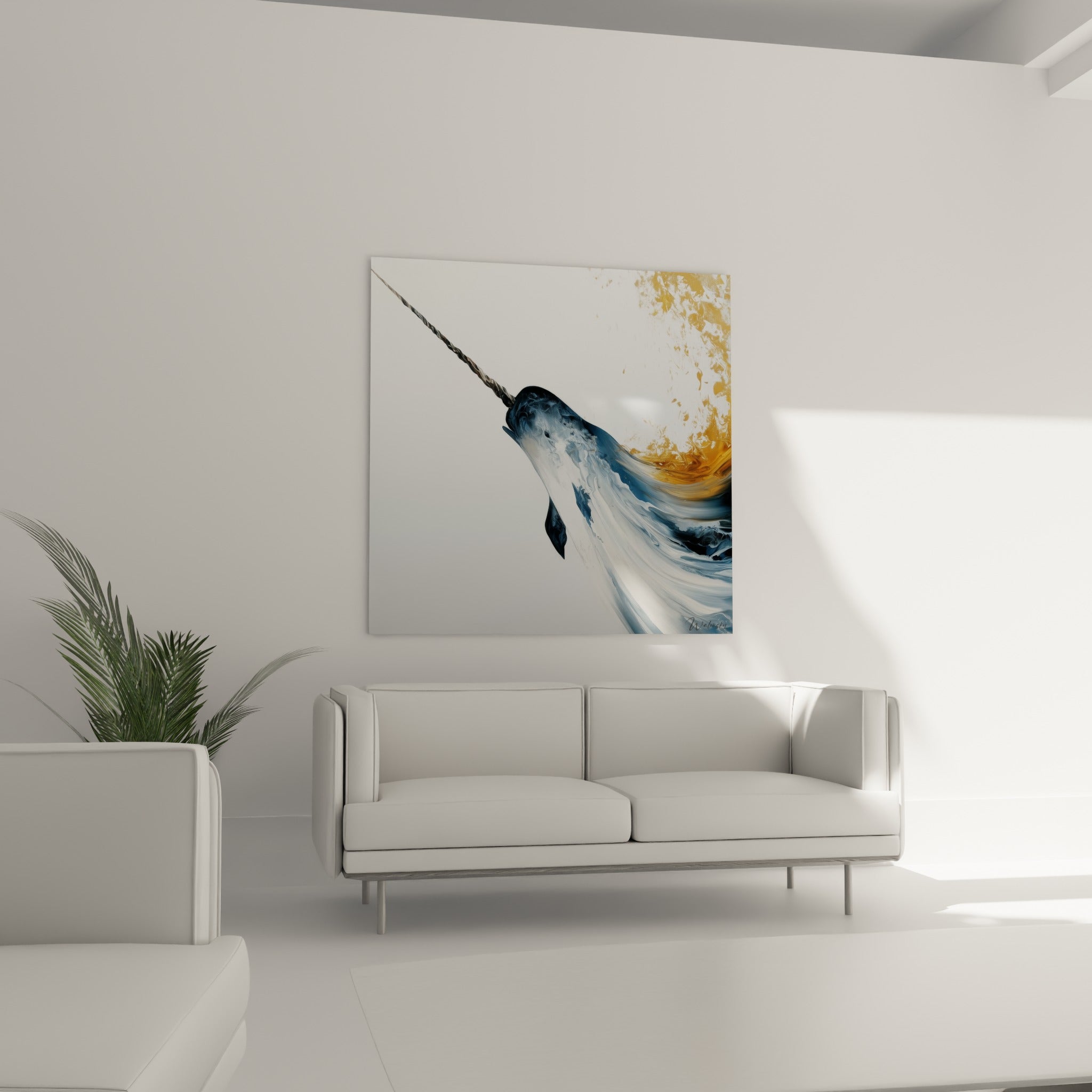 Silhouette de narval anthracite et doré en mouvement fluide, au-dessus d'un canapé dans un salon lumineux