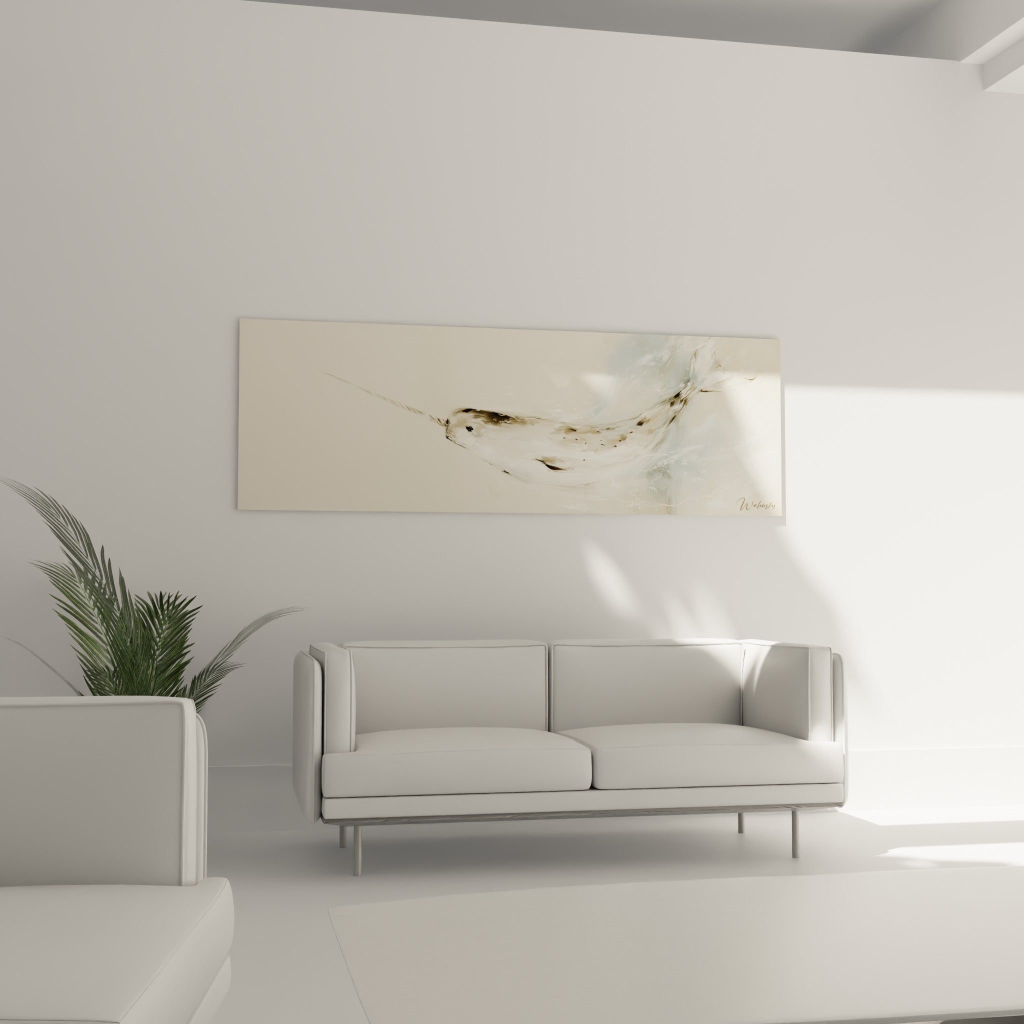 Narval beige et anthracite glissant vers l'horizon, au-dessus d'un canapé dans un salon lumineux