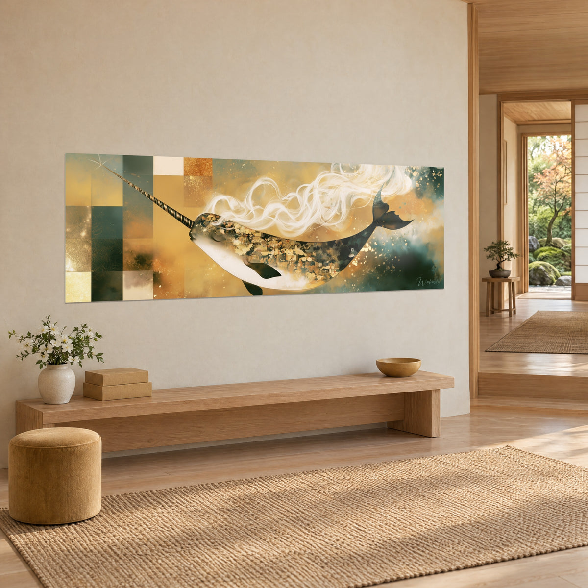Gemälde Walart mit langem, spiralförmigem Stoßzahn, mit goldenen Mustern bedeckter Rücken, elfenbeinfarbene Dampfwolken und ockerfarbener Hintergrund, beige Japandi-Wand