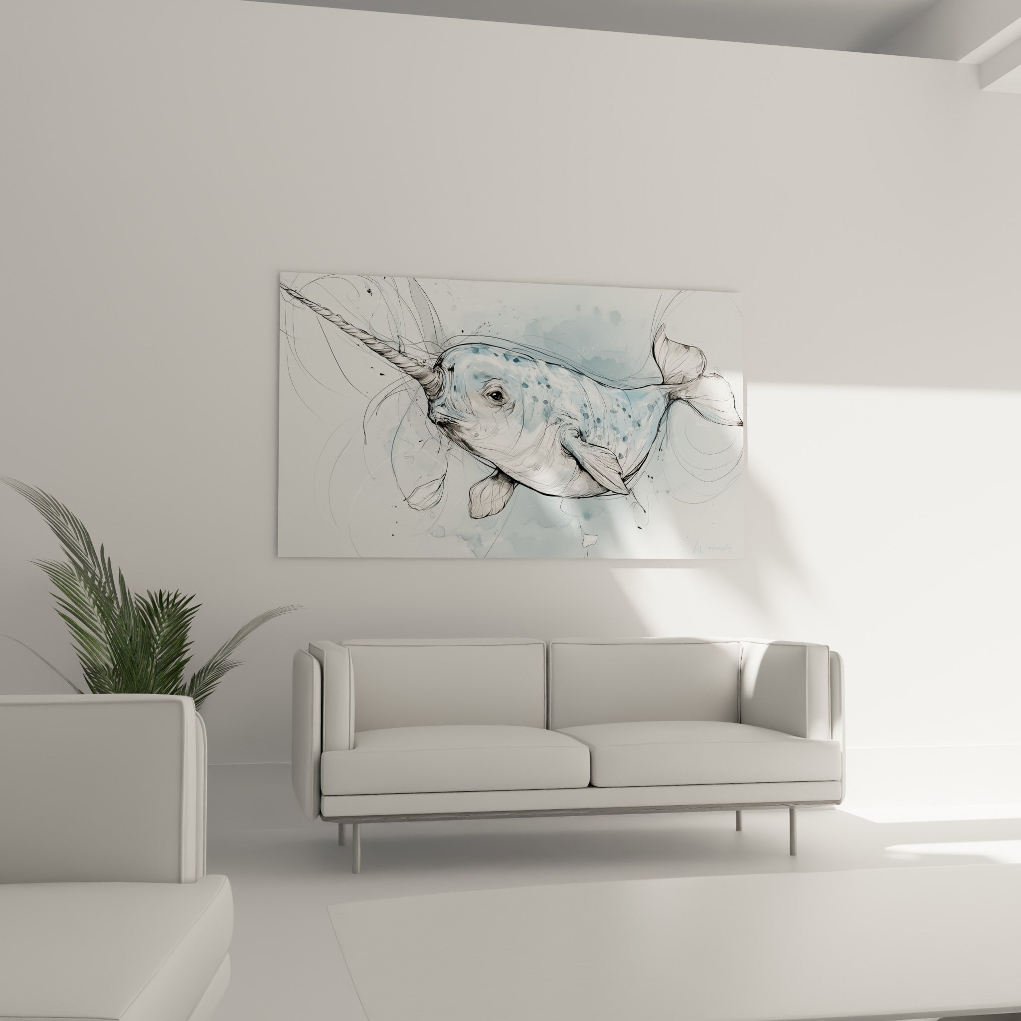 Narval aquarelle blanche et bleutée au-dessus d'un canapé dans un salon lumineux