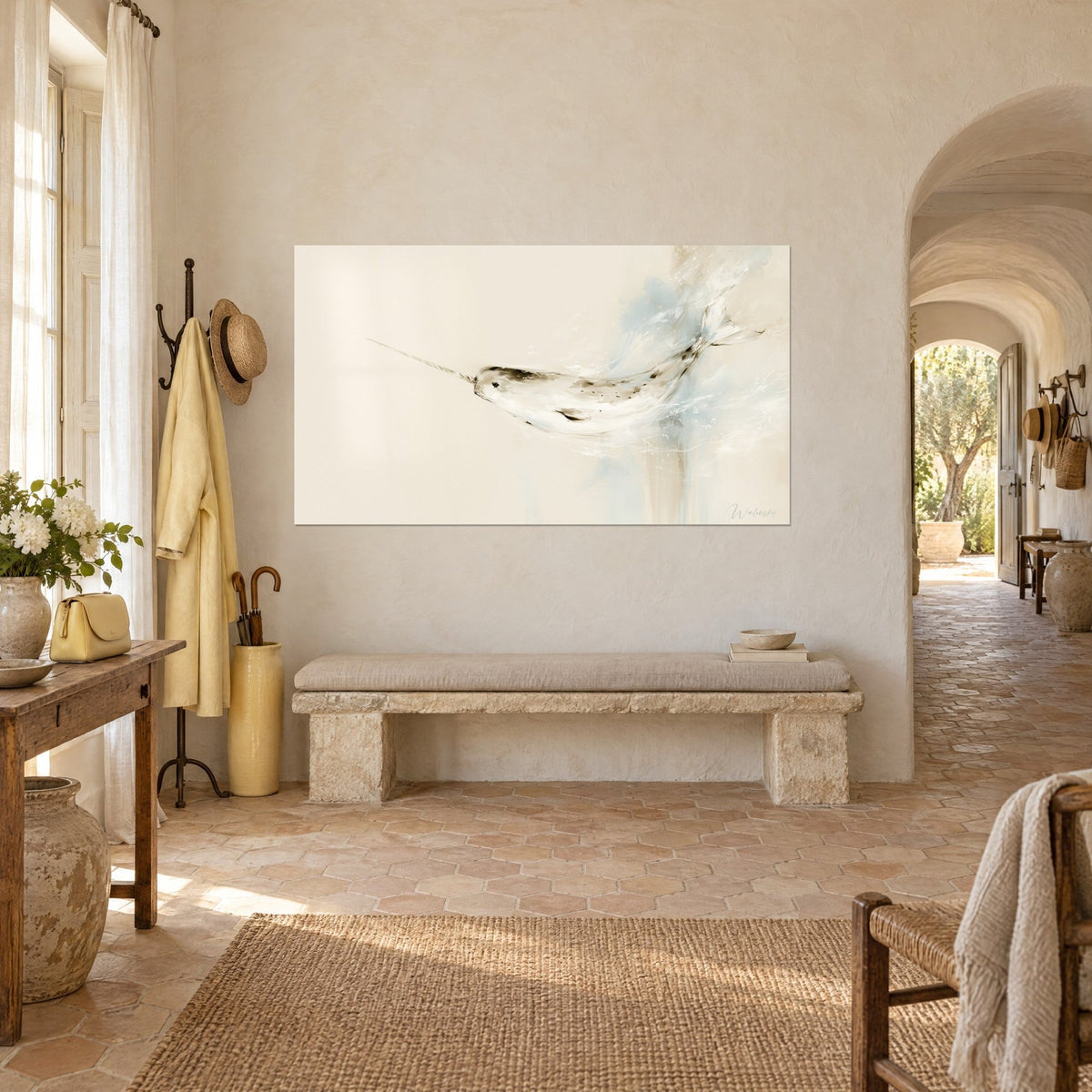 Wall art cream Arctic cetacean gliding to the right, grey tail in glacier-blue splashes, above a stone bench
