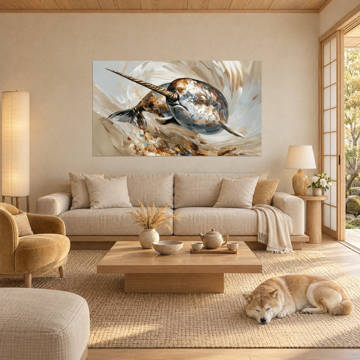 Wall art narwhal with sandy-speckled skin and long ridged tusk, beige and steel grey, reclining Shiba, above a sofa in a bright living room
