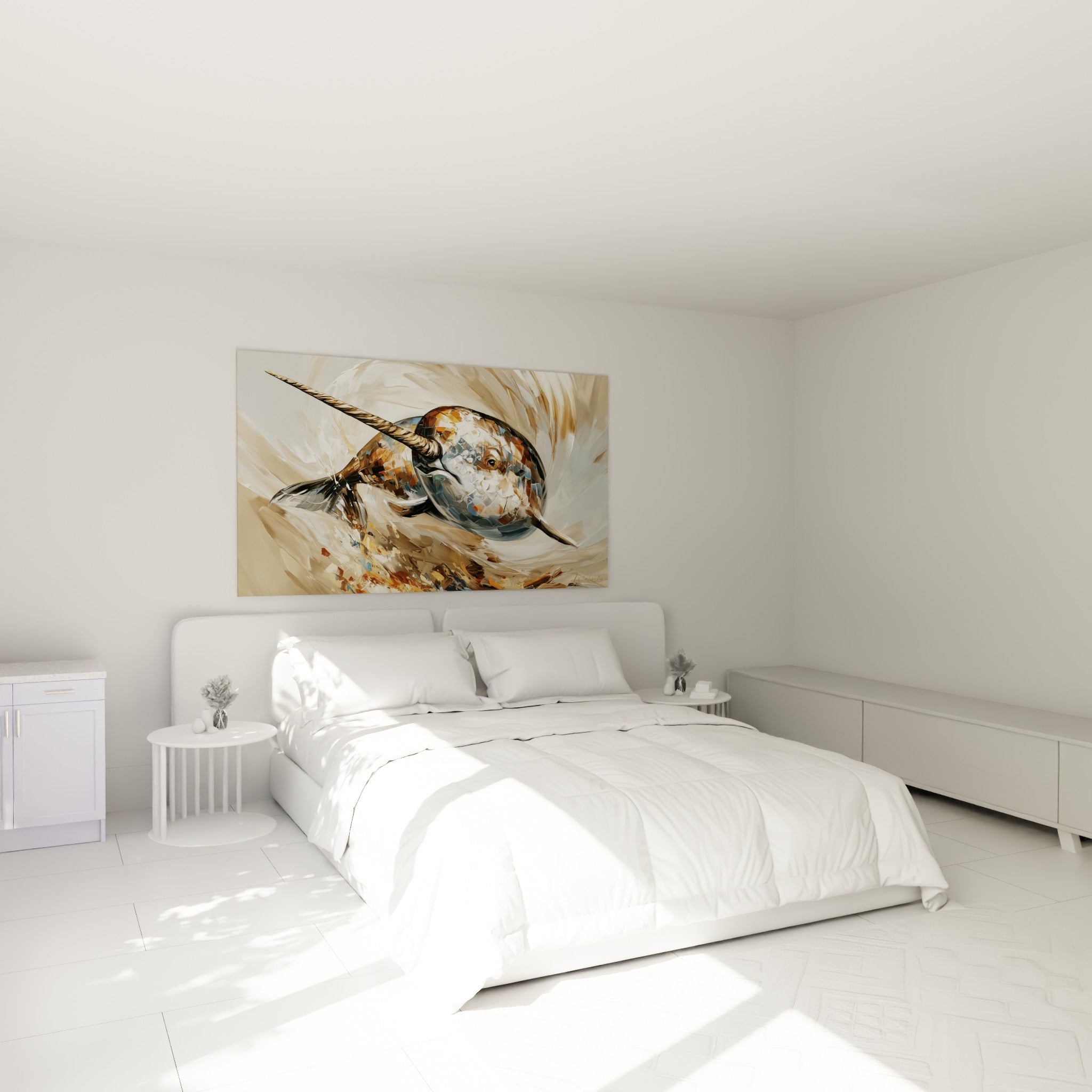 Créature marine narval aux tons beige et gris, accrochée au-dessus d'un lit dans une chambre claire