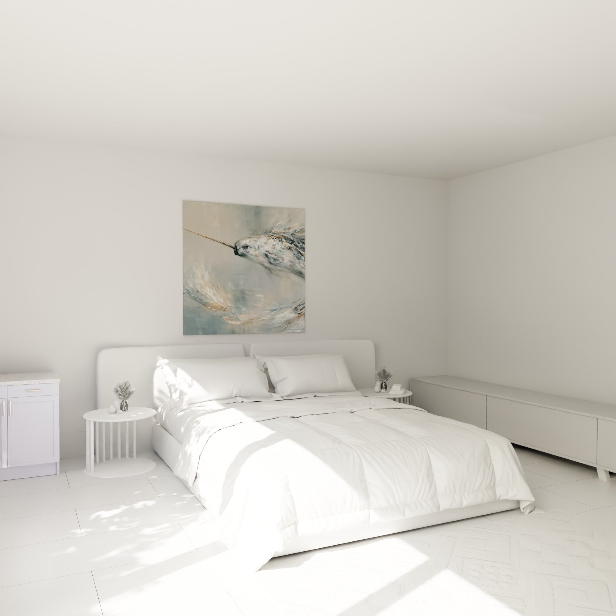 Narval anthracite et ocre en mouvement circulaire, au-dessus d'un lit dans une chambre claire