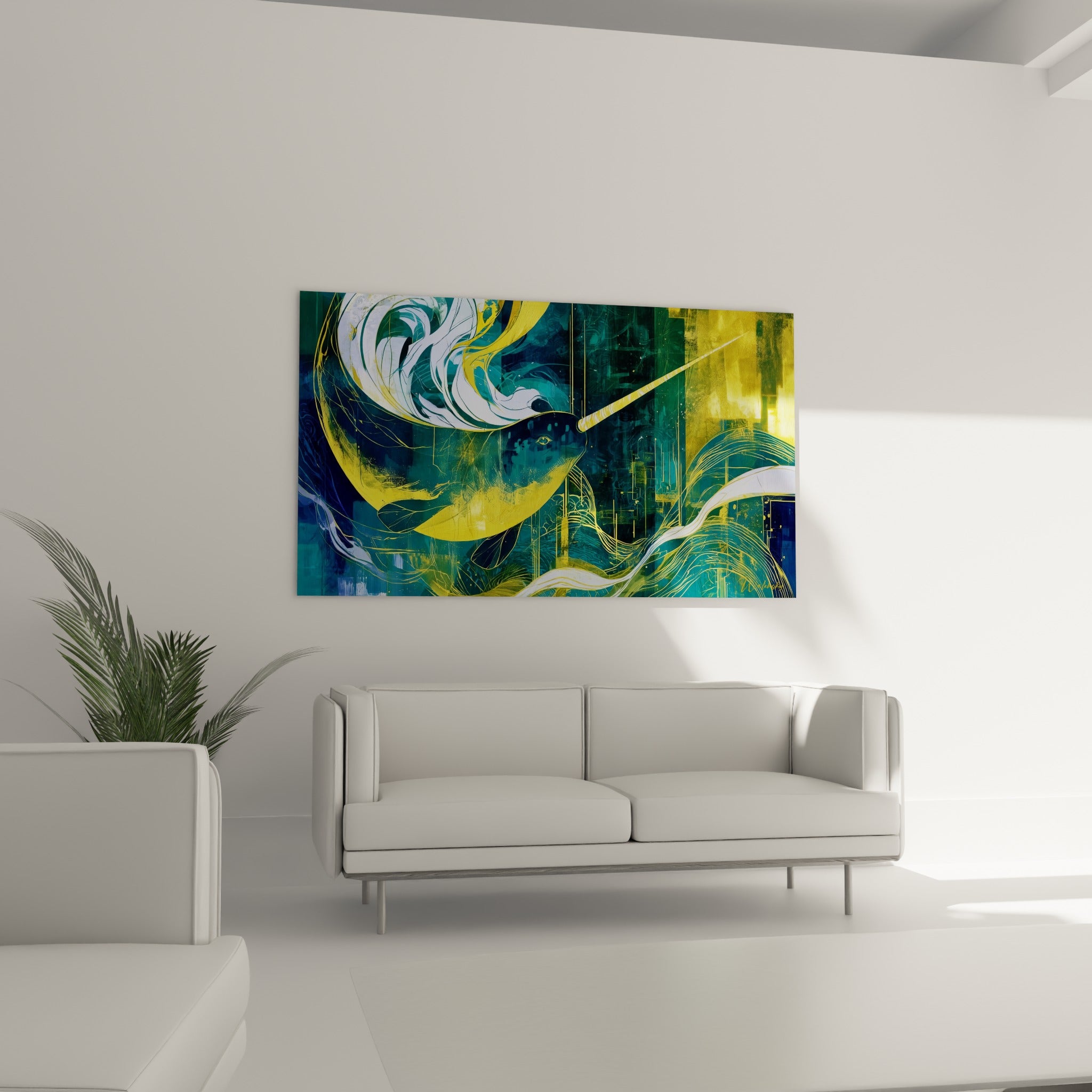 Narval anthracite et turquoise nageant parmi des vagues dorées, au-dessus d'un canapé dans un salon lumineux