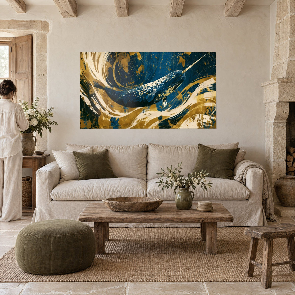 Wall art speckled narwhal swimming through ochre and ivory swirls on a midnight blue background, above a sofa in a bright living room