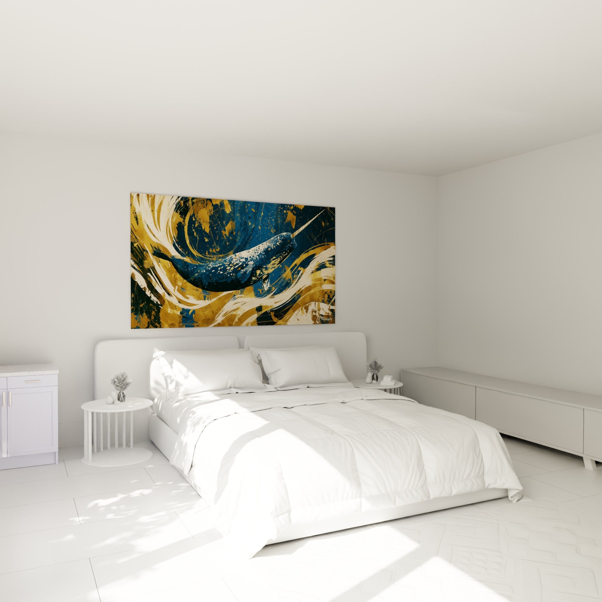 Narval anthracite et doré aux vagues tourbillonnantes, au-dessus d'un lit dans une chambre claire