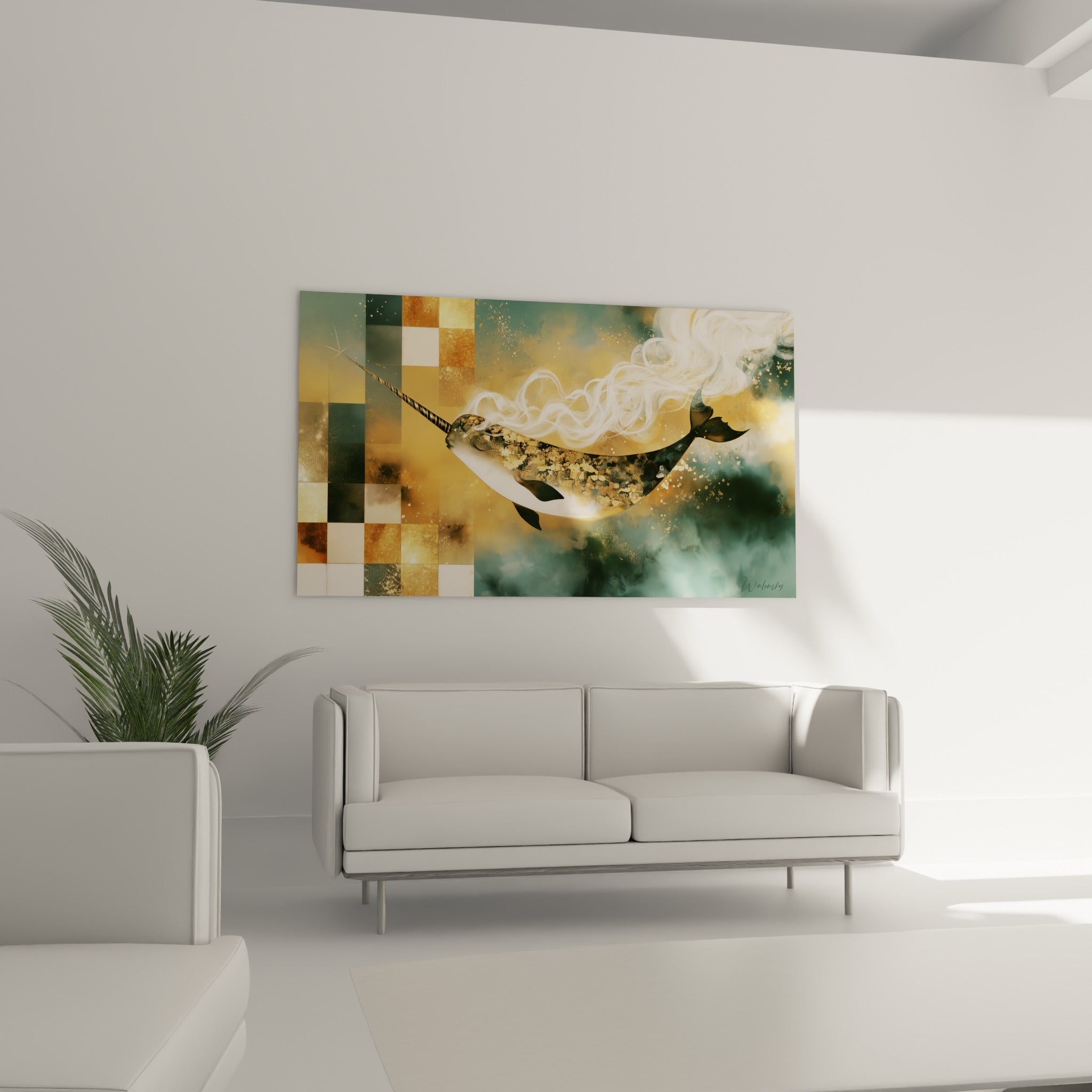 Créature marine dorée et anthracite entourée de volutes blanches, au-dessus d'un canapé dans un salon lumineux
