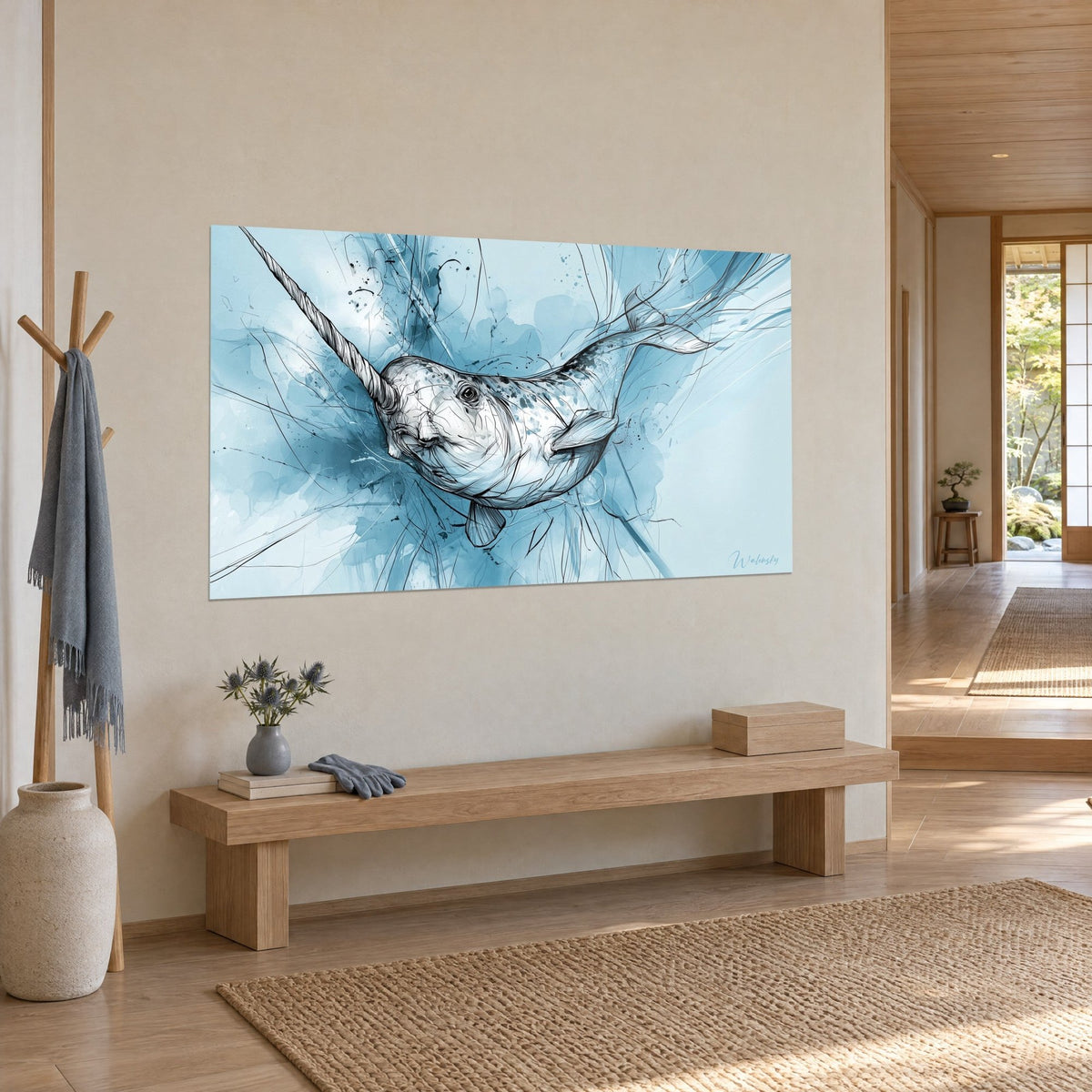 Wall art unicorn of the sea diving diagonally, black ink strokes and flat sky blue and white areas, beige wall of a Japandi entrance hall