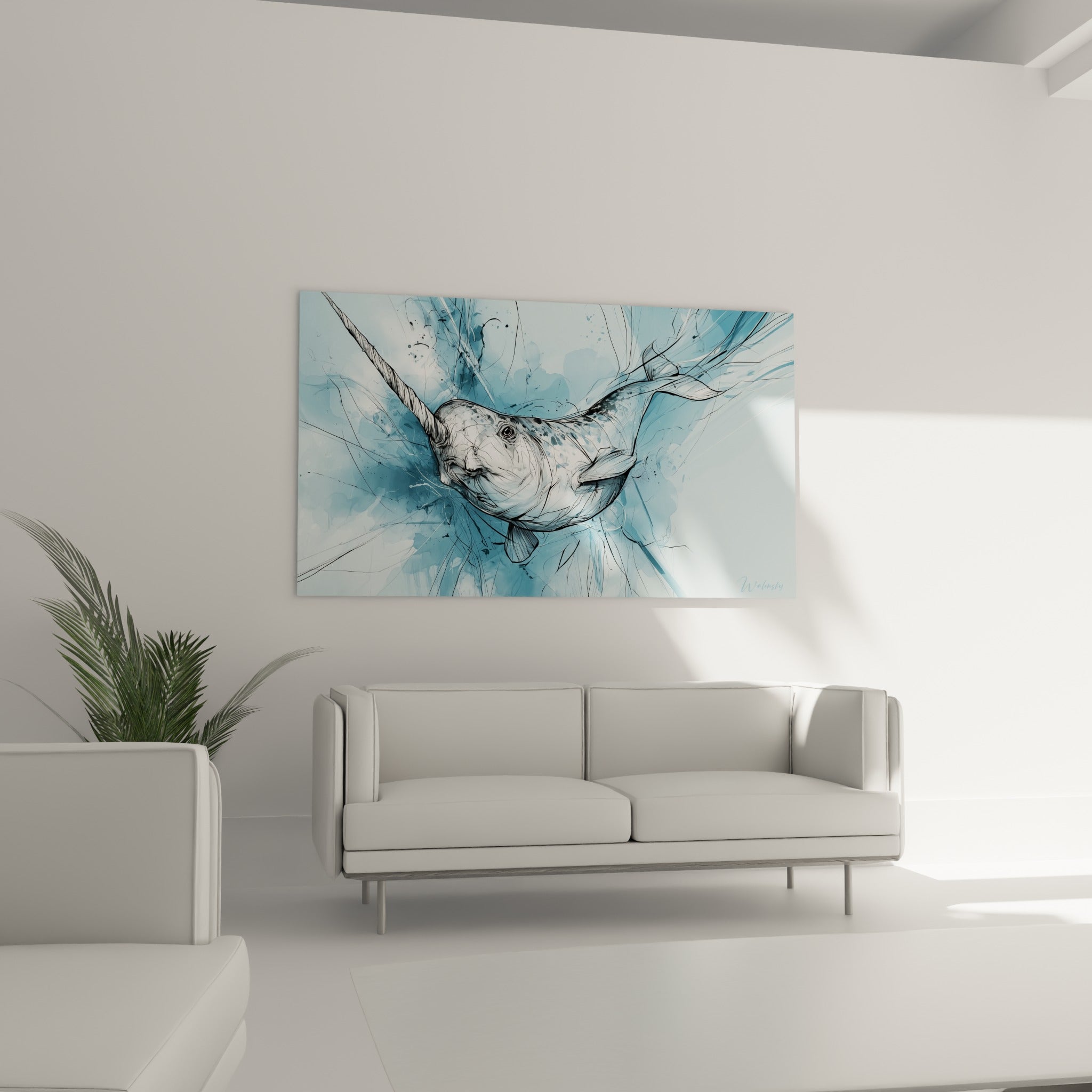 Narval en mouvement, tons bleu pastel et gris, au-dessus d'un canapé dans un salon lumineux