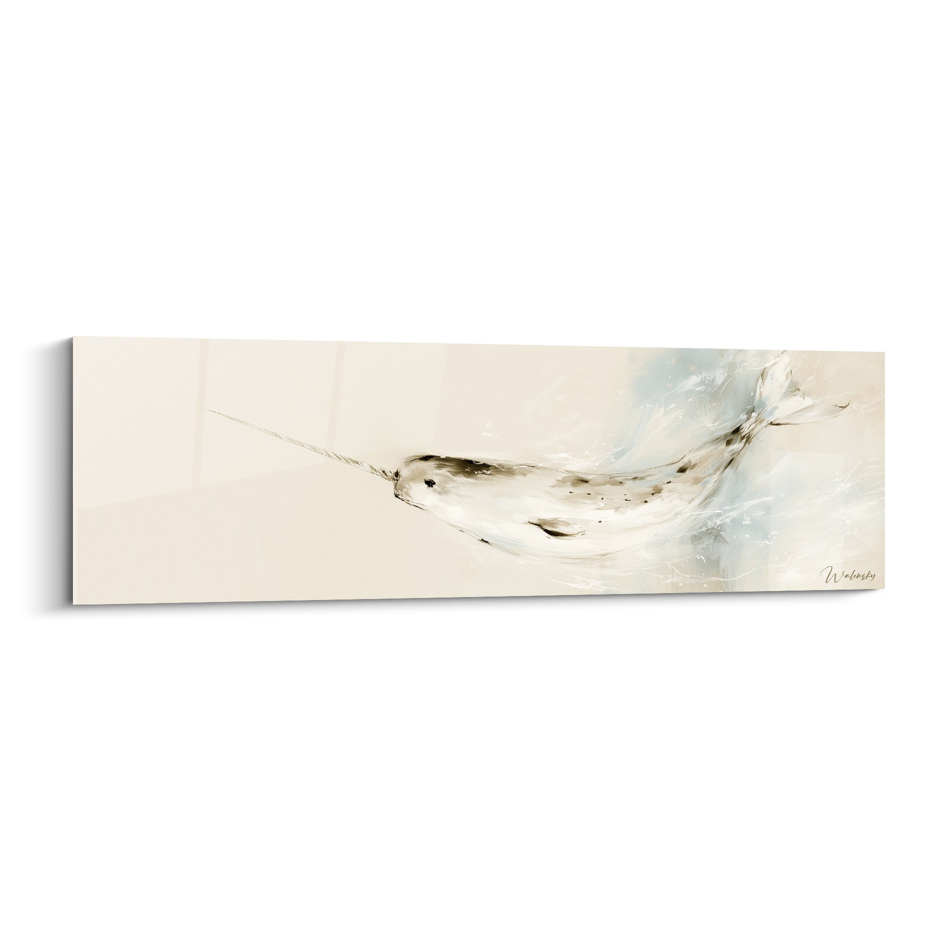 Narval blanc et anthracite nageant sur fond beige, défense en spirale, style aquarelle