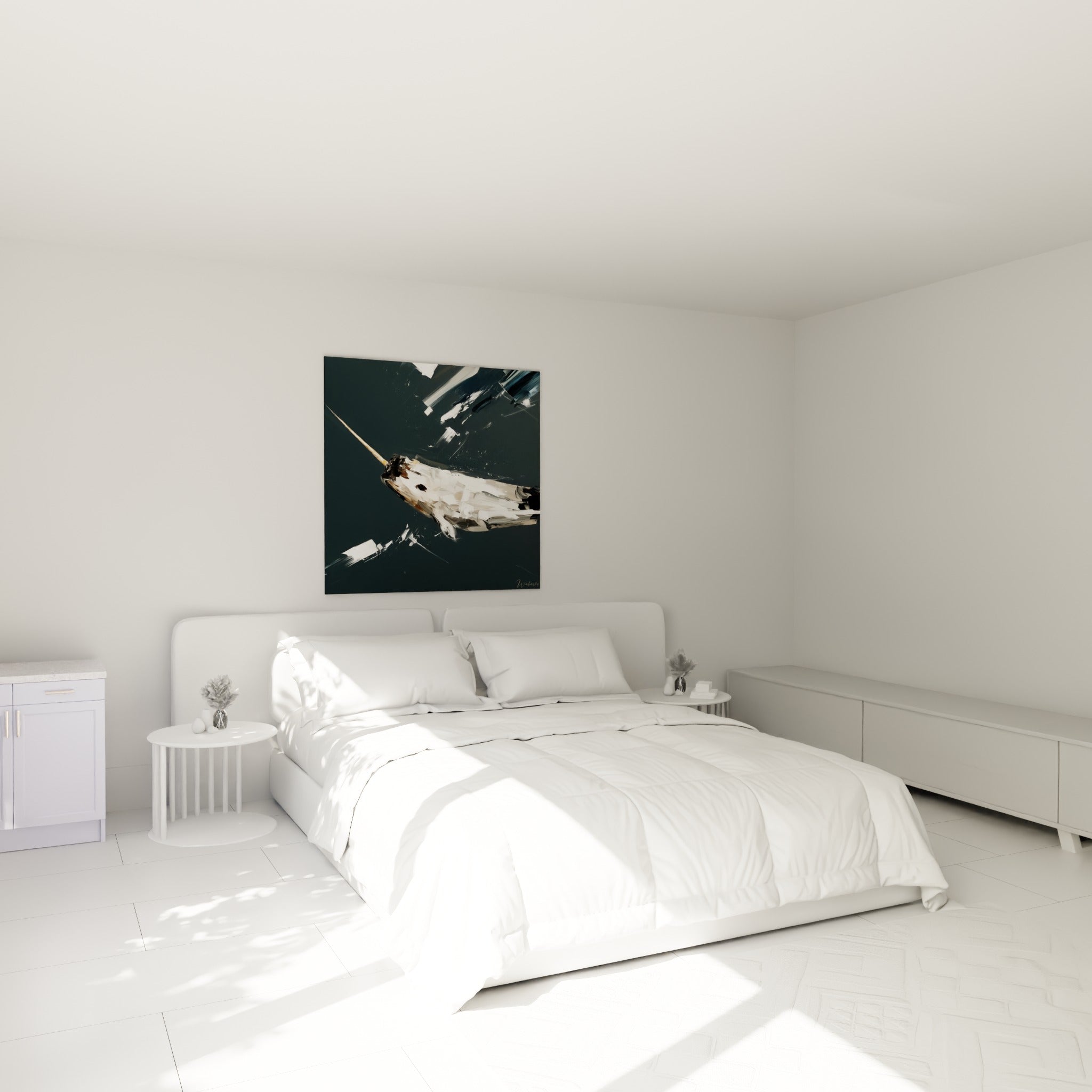 Narval fauve et blanc filant sur fond anthracite, au-dessus d'un lit dans une chambre claire