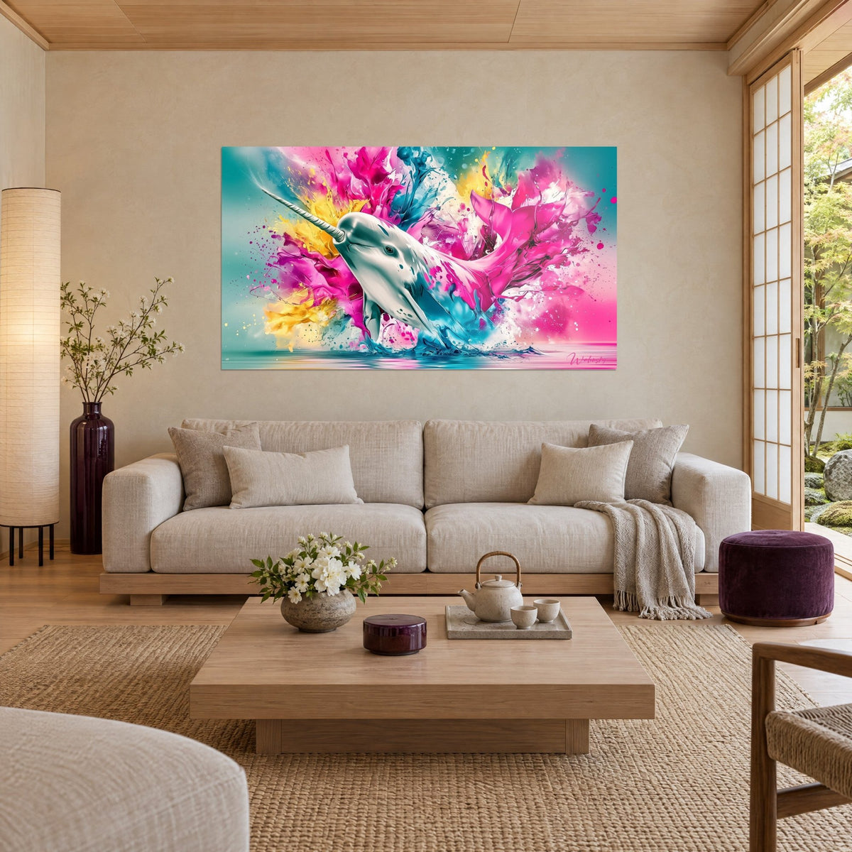 Cuadro narval blanco surgiendo de salpicaduras fucsia y amarillo limón, colmillo en espiral, encima de un sofá en un salón luminoso