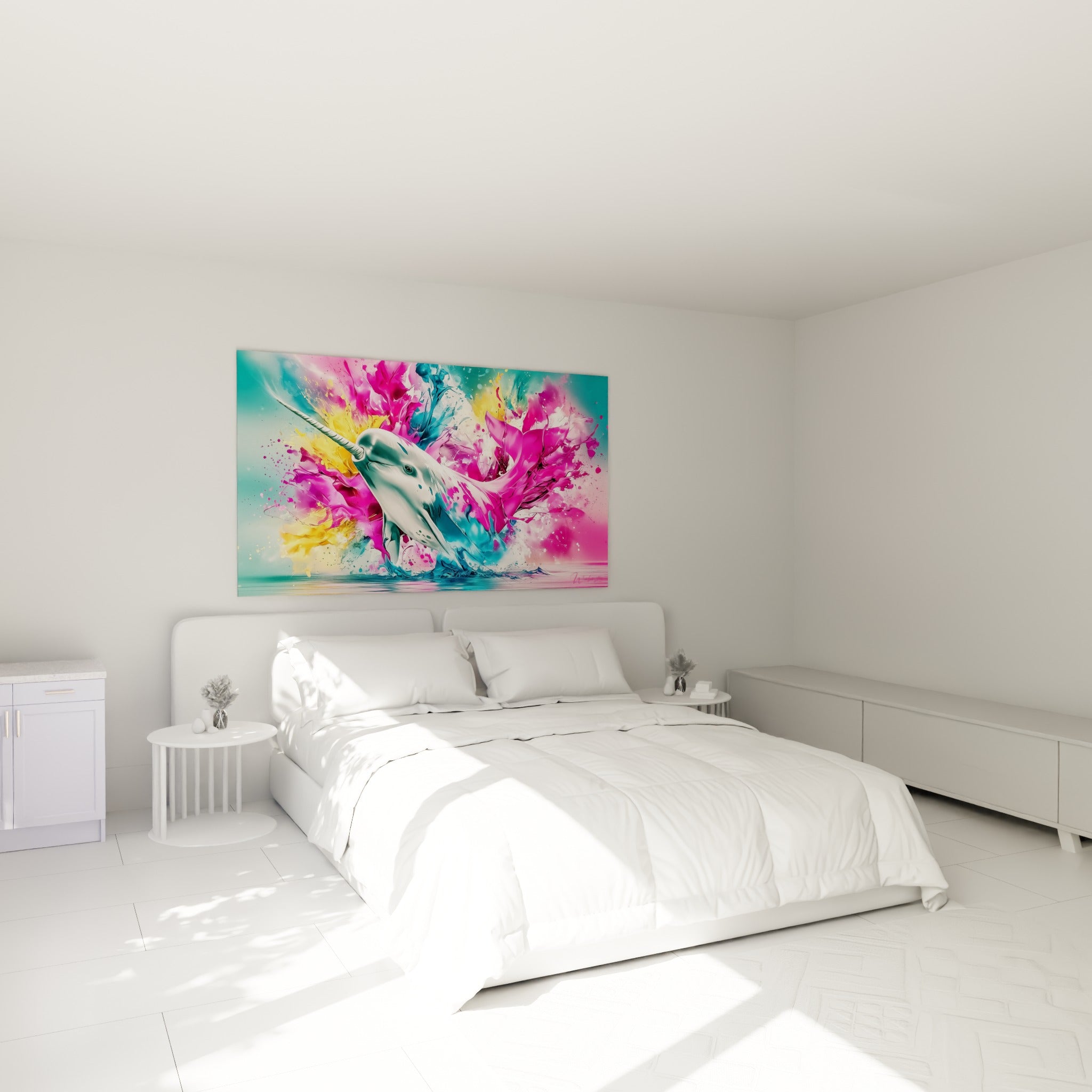Créature marine blanche aux éclats roses et jaunes accrochée au-dessus d'un lit dans une chambre claire