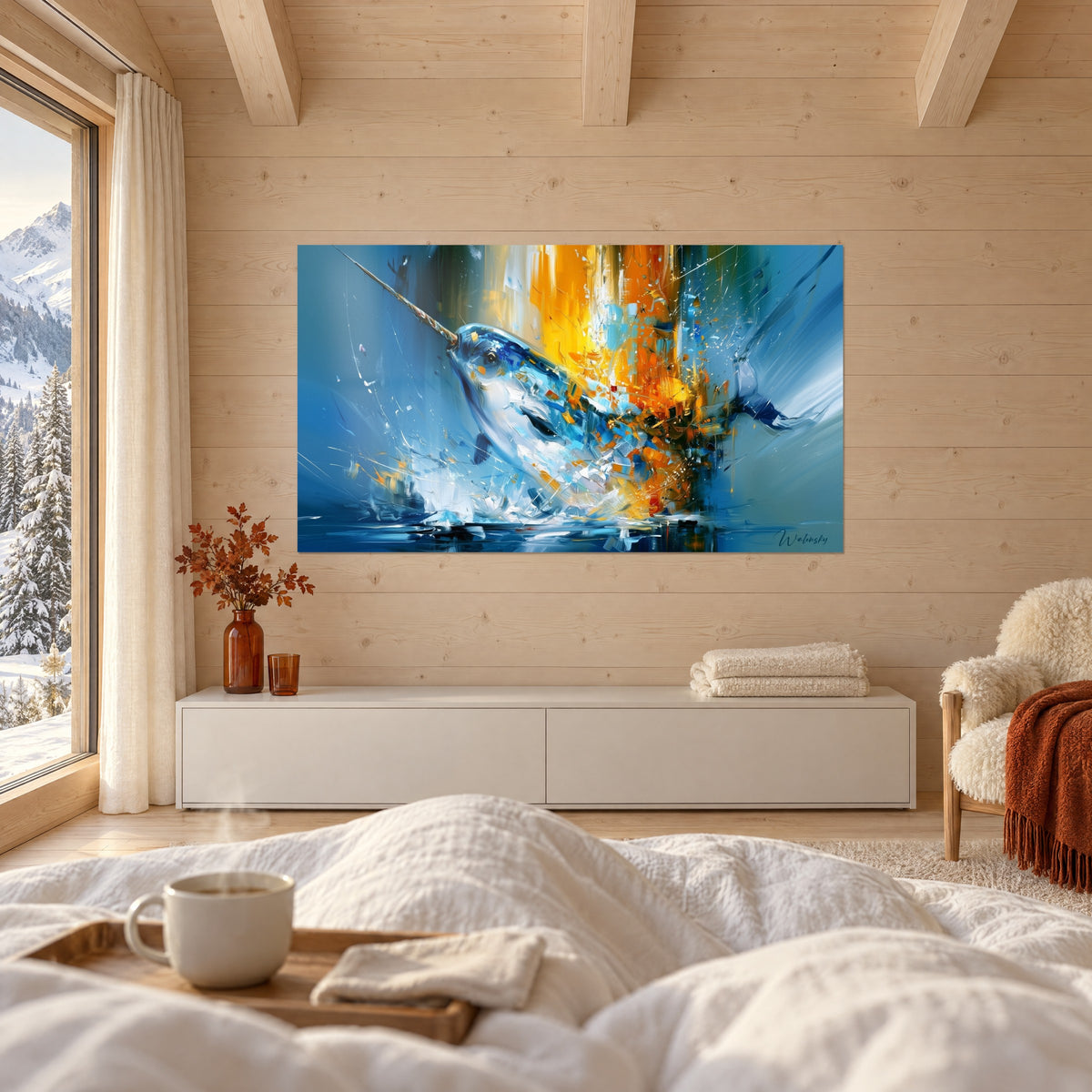 Gemälde Narwal mit Stoßzahn in Fontänen hervorbrechend, azurblau und gebranntes Orange, über einem Bett in einem hellen Schlafzimmer